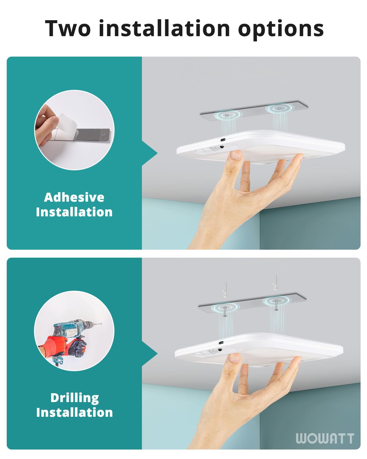 wowatt Rechargeable Motion Sensor Ceiling Light, 3000K-6500K Dimmable, Wireless Indoor Shower Lamp, 1 Pack, 3CCT-Square