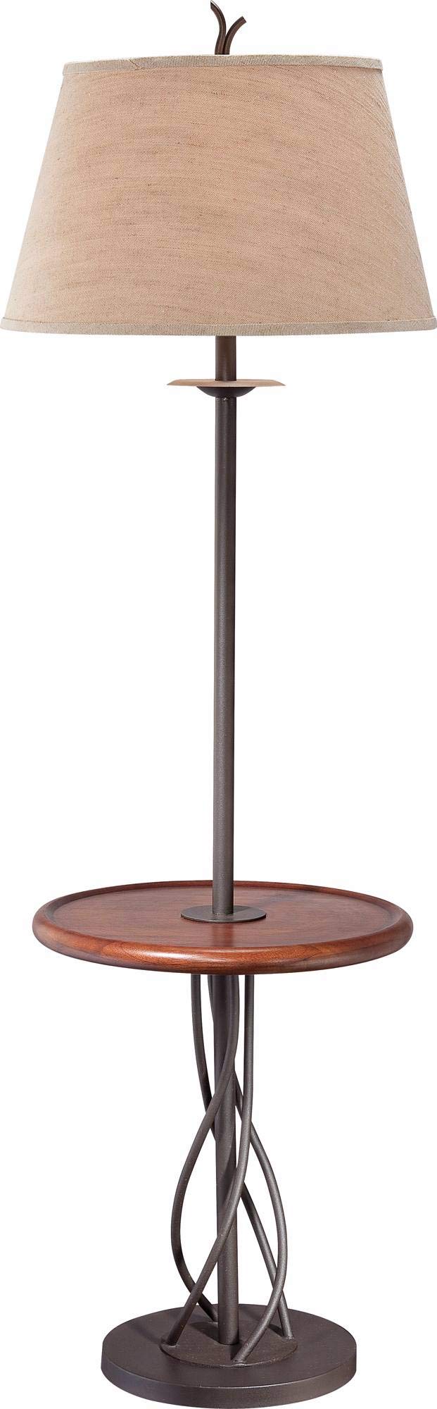 Franklin Iron Works Rustic Farmhouse Country Cottage Floor Lamp with Tray End Table 63.5'' Tall Wood Twisted Iron Base Brown Lin