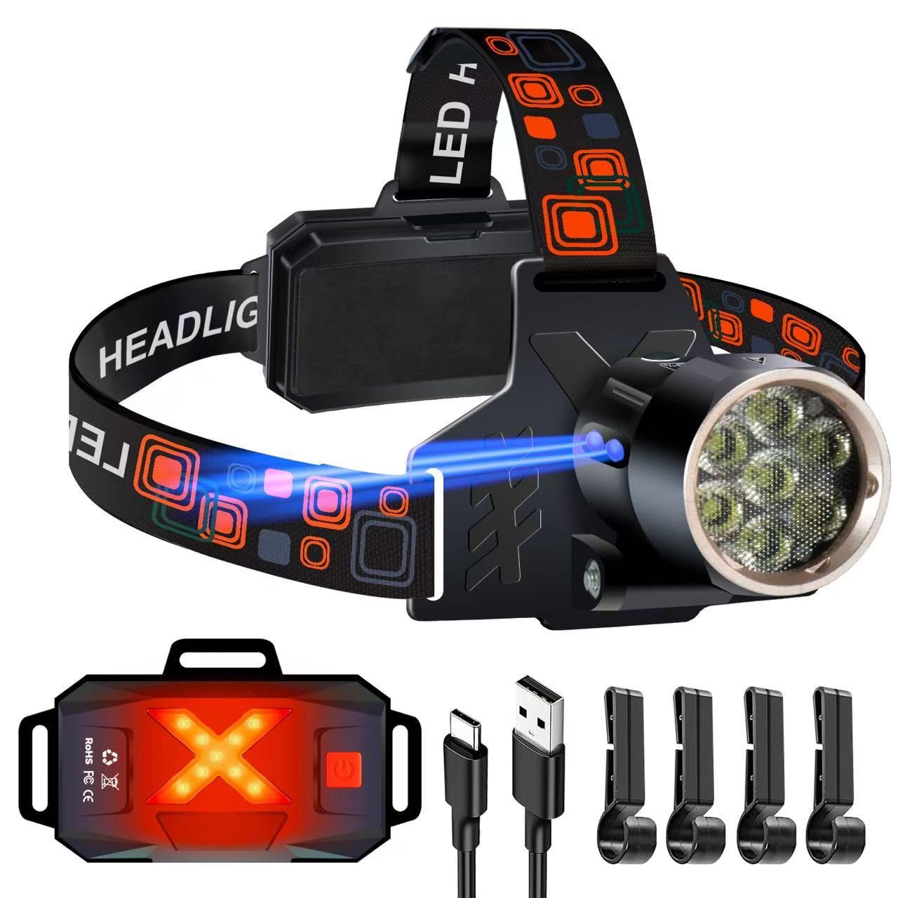 Led Headlamp Rechargeable, Super Bright Headlights For Head, Motion Sensor Head Lamp, 3 Modes Usb-C Ipx7 Waterproof Head Flashli