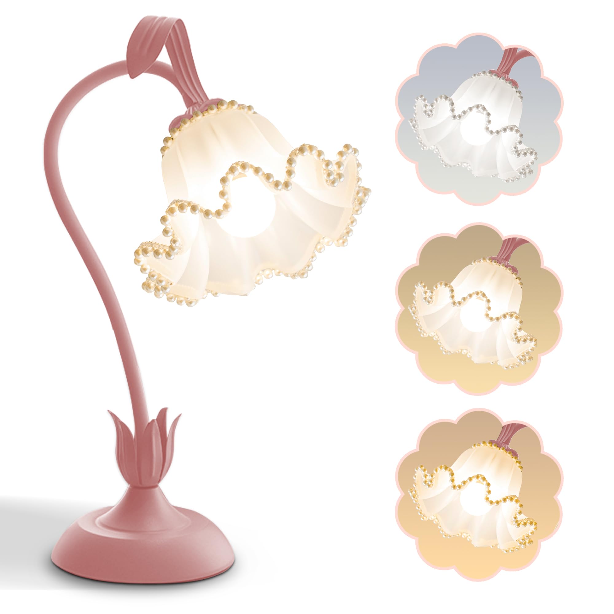 AQDZCNF Flower Table Lamp, LED Reading Light, Vintage Design, Acrylic, Pink Pearls, Model MN-QBKR-AEJK-1-2