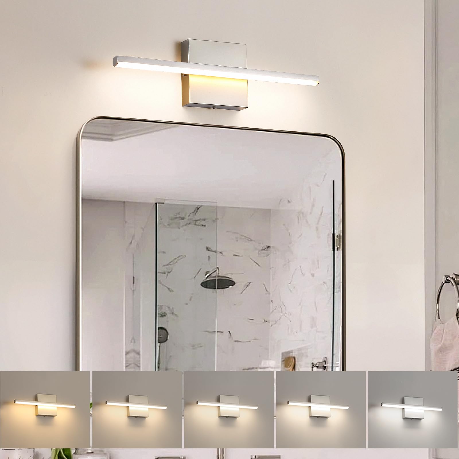 fengkiop Modern Bathroom Vanity Light 16 Inch  14W Brushed Nickel Bathroom Light Fixture Over Mirror  Dimmable 5CCT LED Wall Sconce Lighting for Restroom Mirror Farmhouse