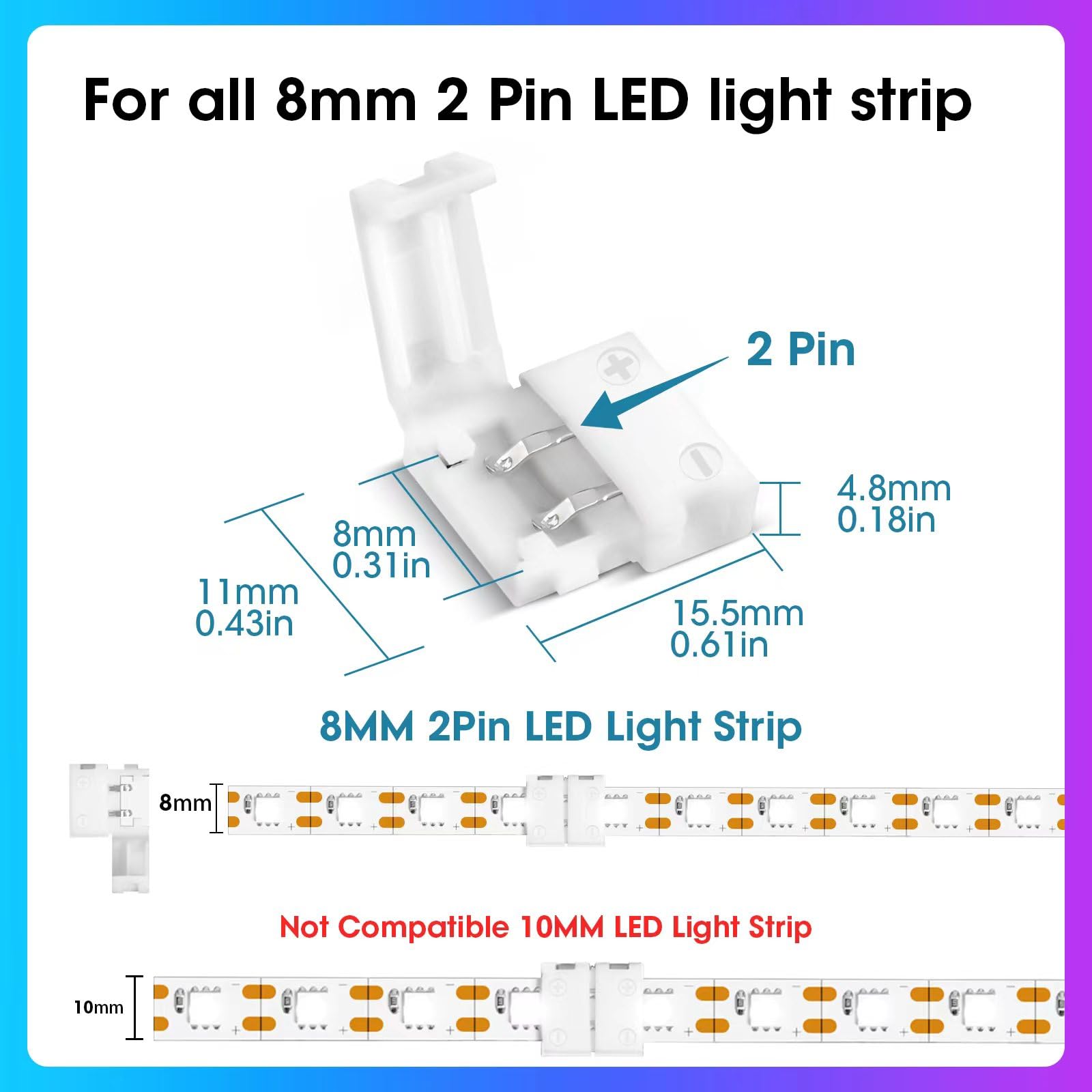Wenhsin 10-Packs 2-Pin Led Connectors For Led Strip Lights 8Mm Width Unwired Gapless Solderless Adapter Extension