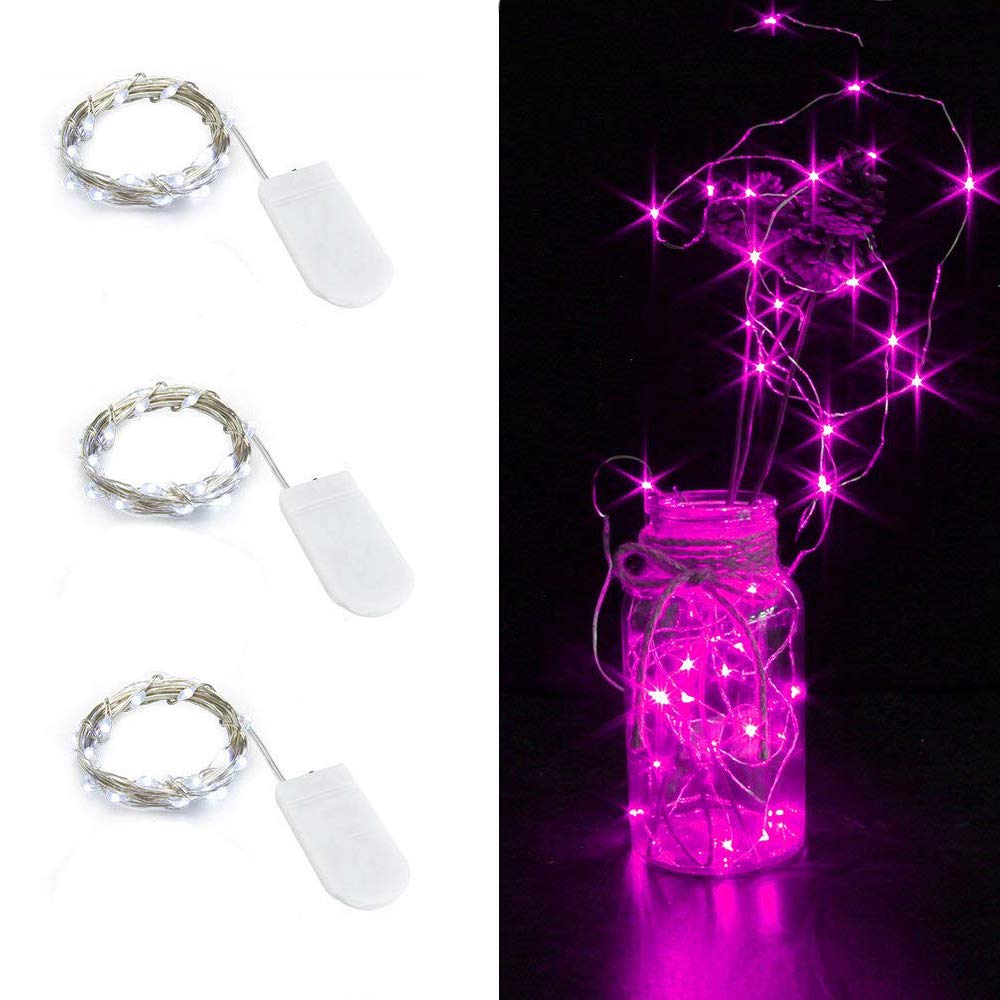 HDSHIMAO Pack of 3 Sets LED Starry String Lights with 10 Micro LEDs on 3.3ft(1m) Copper Wire, Fairy Lights Battery Powered by 2X CR2032(Incl), for Wedding or Christmas Party Table Decorations (Pink)
