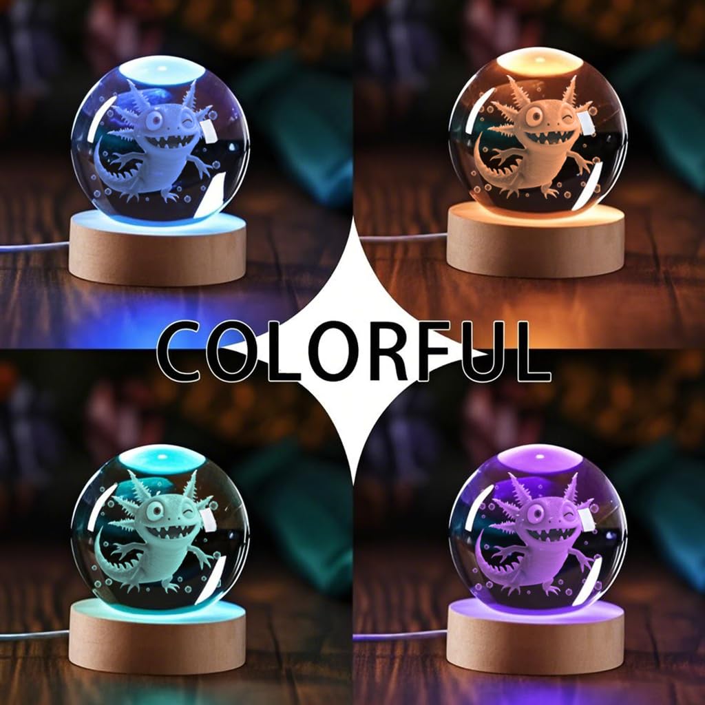 YouerCrystal Axolotl 3D Crystal Ball Night Light, 60mm, K9 Glass, Axolotl Color, Perfect for Kids Birthday Decor