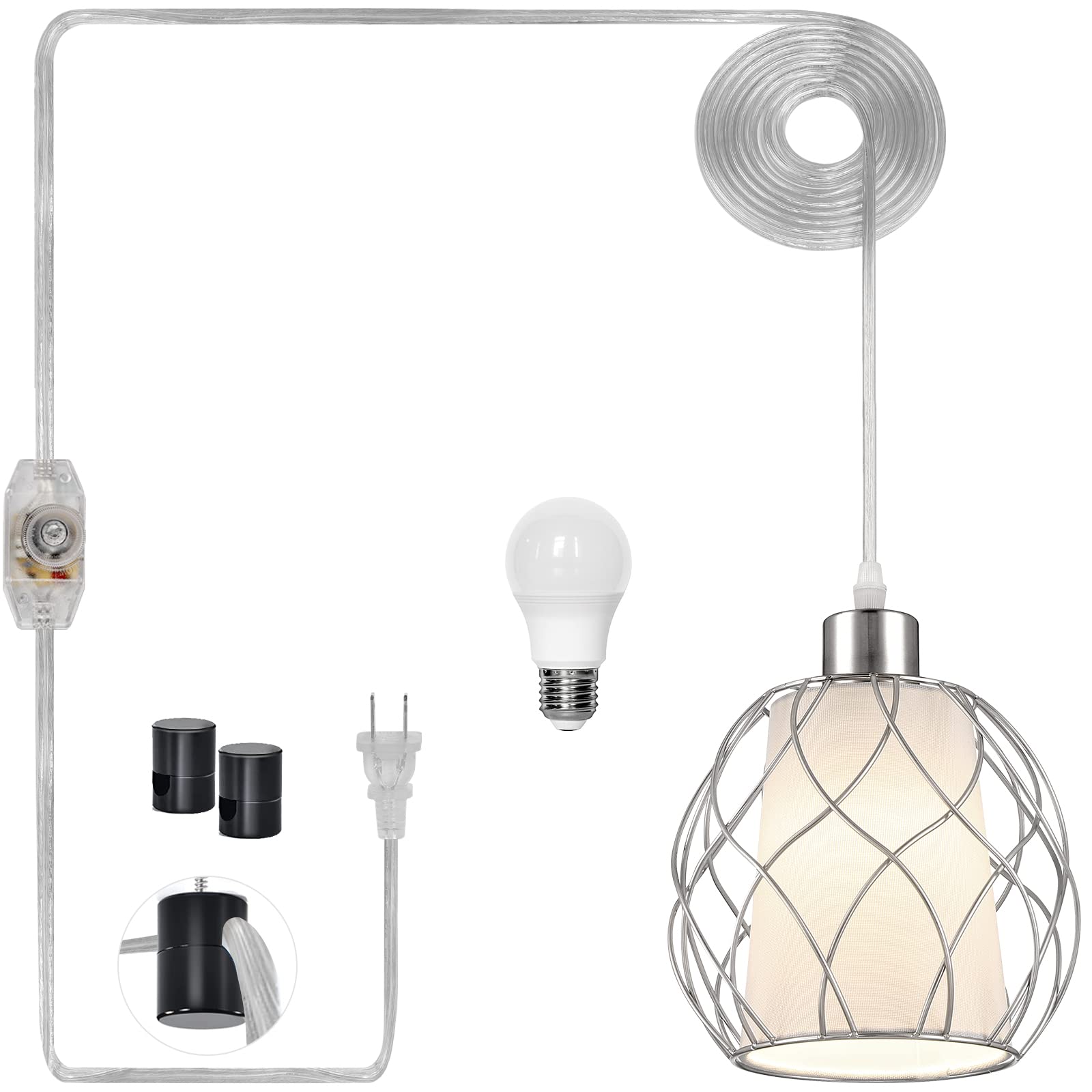 Ruzectt Plug In Pendant Light,Hanging Light With Plug In Cord,Silver Hanging Lamp With Dimmable Switch,15 Ft Clear Cord,Hanging Light Fixture For Kitchen Island Living Room Bedroom (Bulb Included)