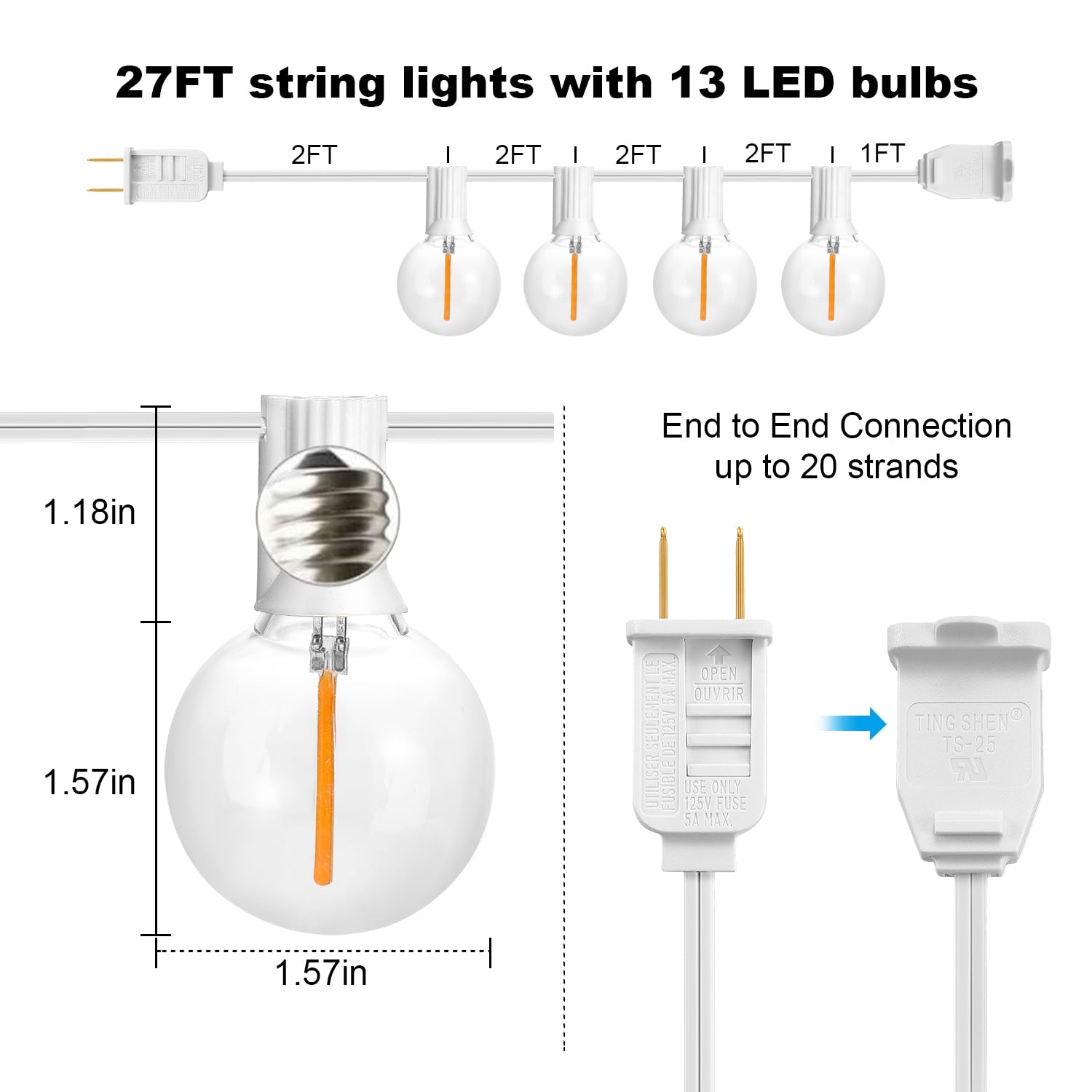 Sunthin Outdoor White String Lights, 27Ft White Patio Lights With 14 G40 Shatterproof Led Bulbs(1 Spare), Waterproof Hanging Out