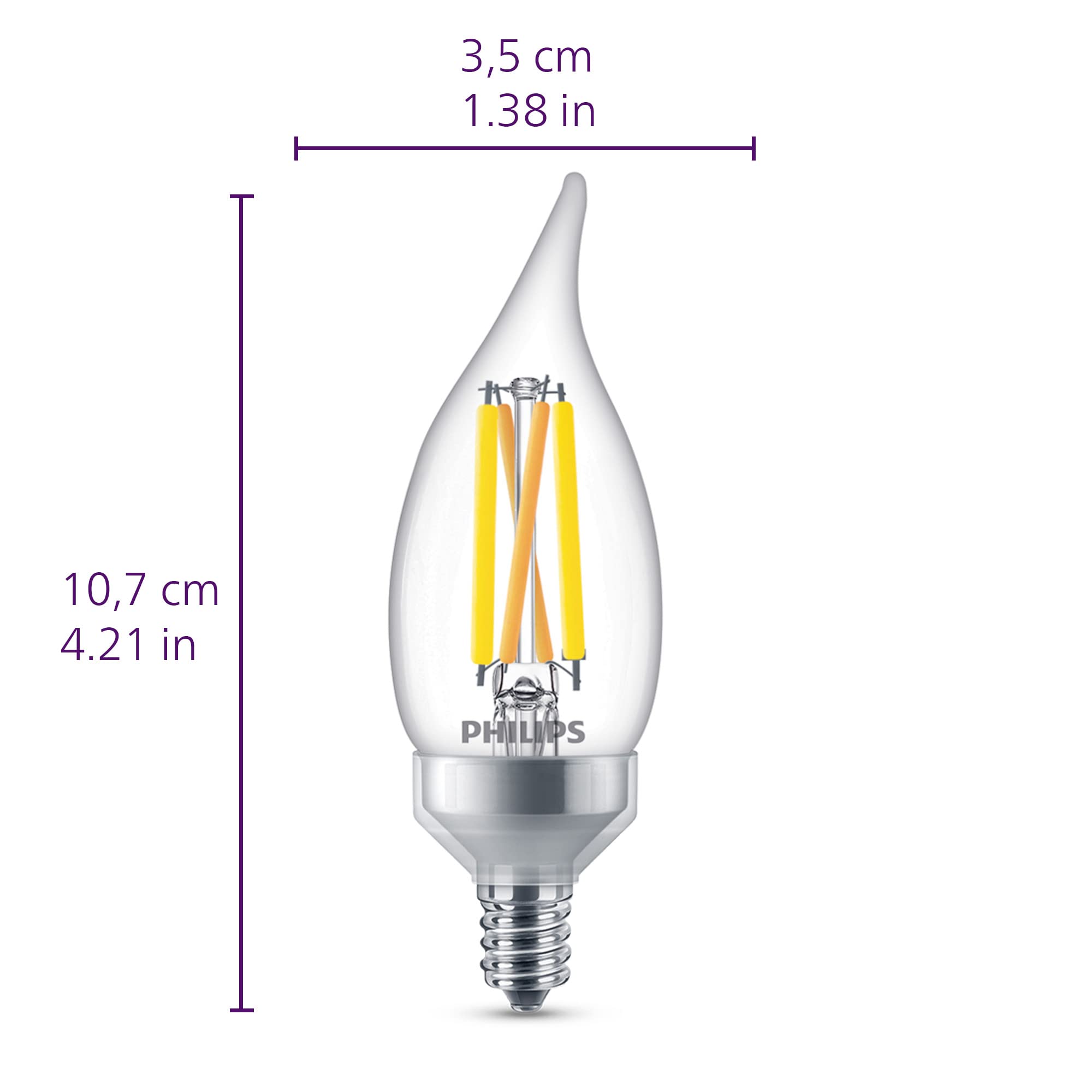 Philips LED BA11 Candelabra Light Bulbs, Soft White 2700K, 500 Lumen, E12 Base, 3 Pack, Glass