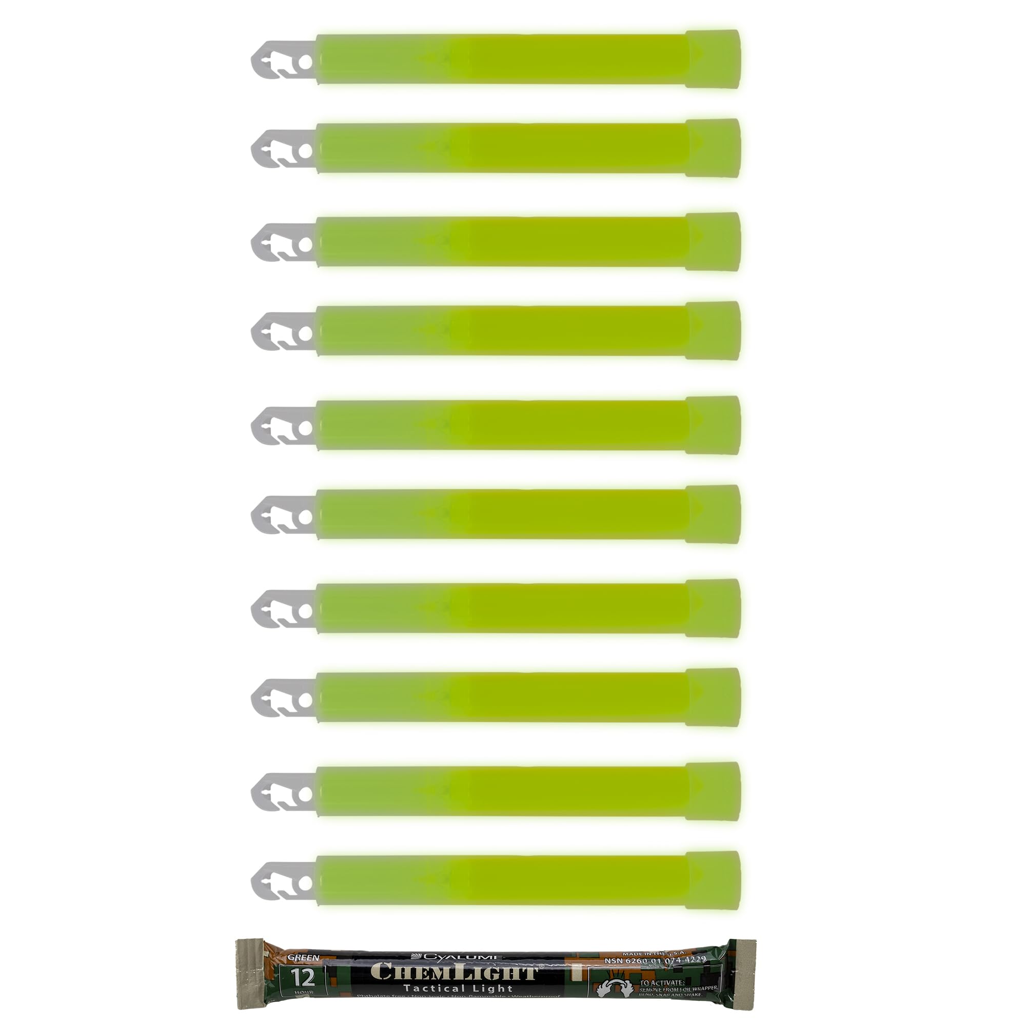 Cyalume Green Glow Sticks - 6” enhanced Bright ChemLight, 12 Hour Duration, Bulk Pack of 10, Model 9-42290