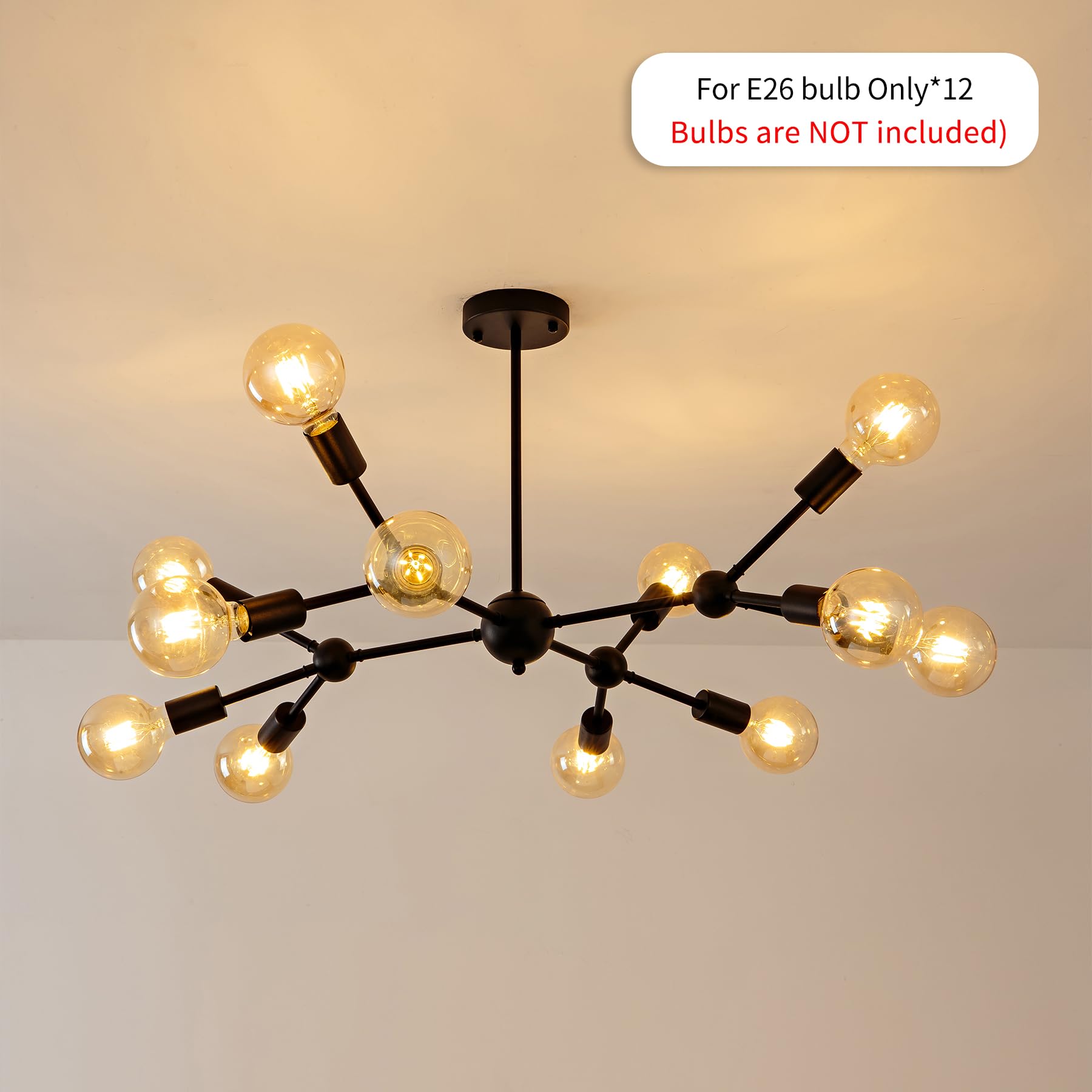 Quoobe Modern Black Sputnik Chandelier,12 Lights Metal Semi Flush Mount Ceiling Light Fixture For Bedroom Study Living Room Dini