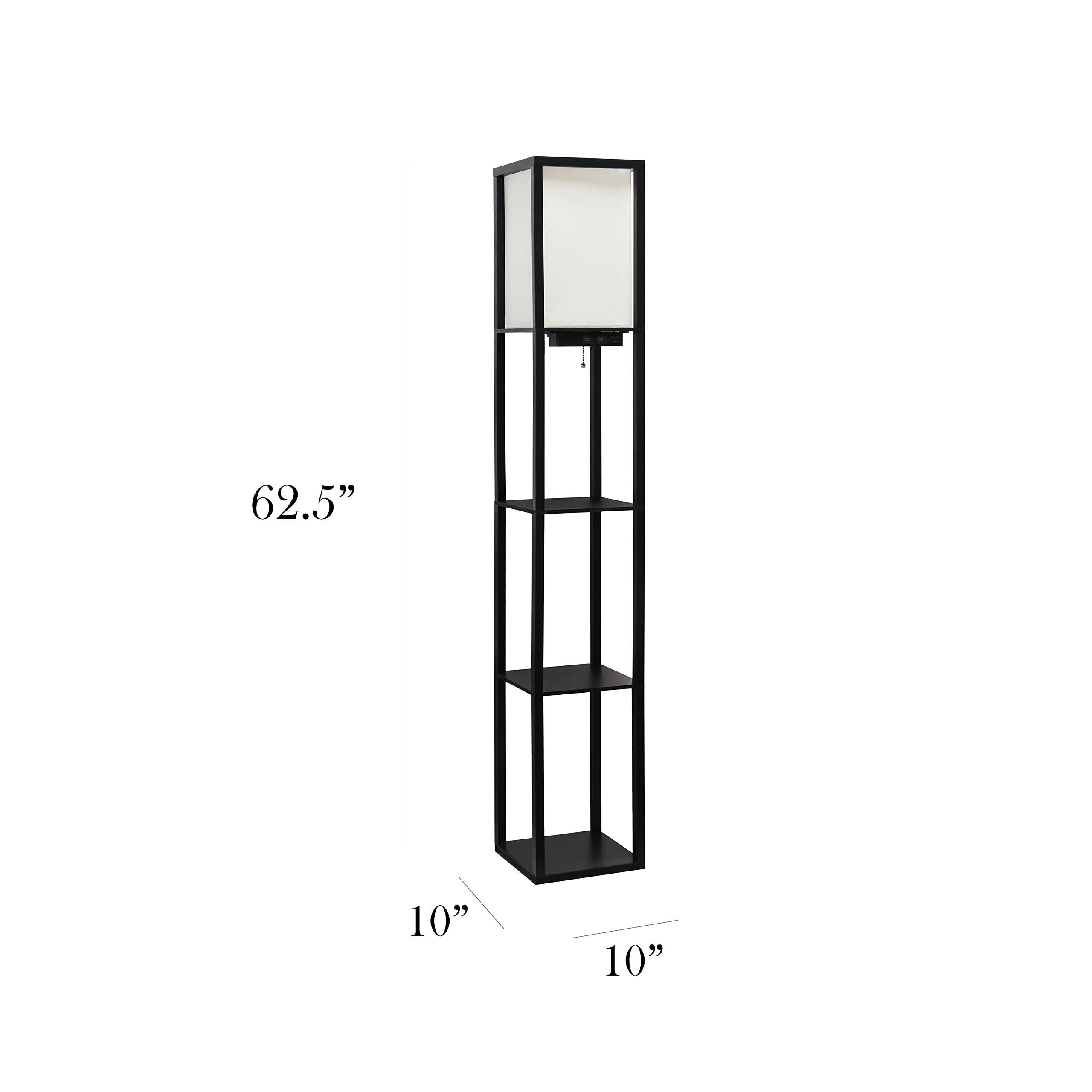 Simple Designs Lf1037-Blk Floor Lamp Etagere Organizer Storage Shelf With 2 Usb Charging Ports, 1 Charging Outlet And Linen Shade, Black