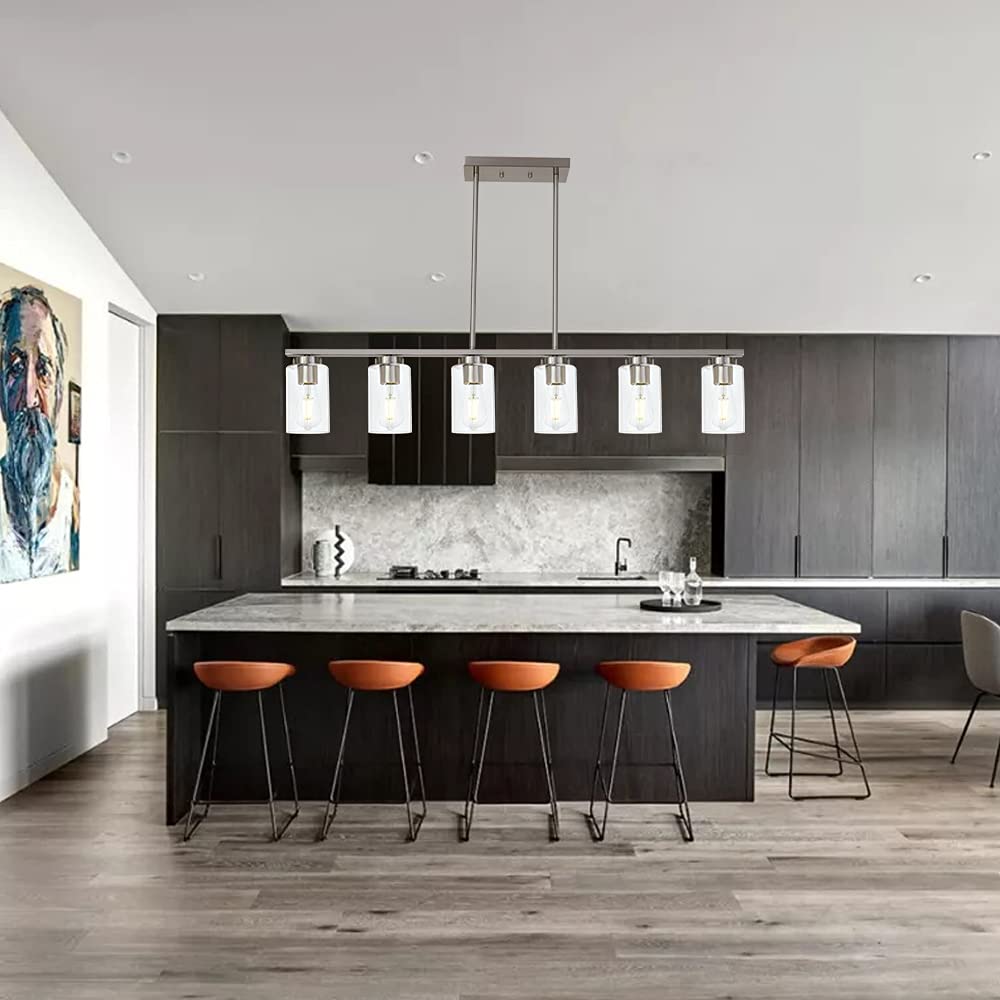 TODOLUZ 6-Light Pendant Light Fixture, Modern Brushed Nickel with Clear Glass Shades for Kitchen Island or Dining Room