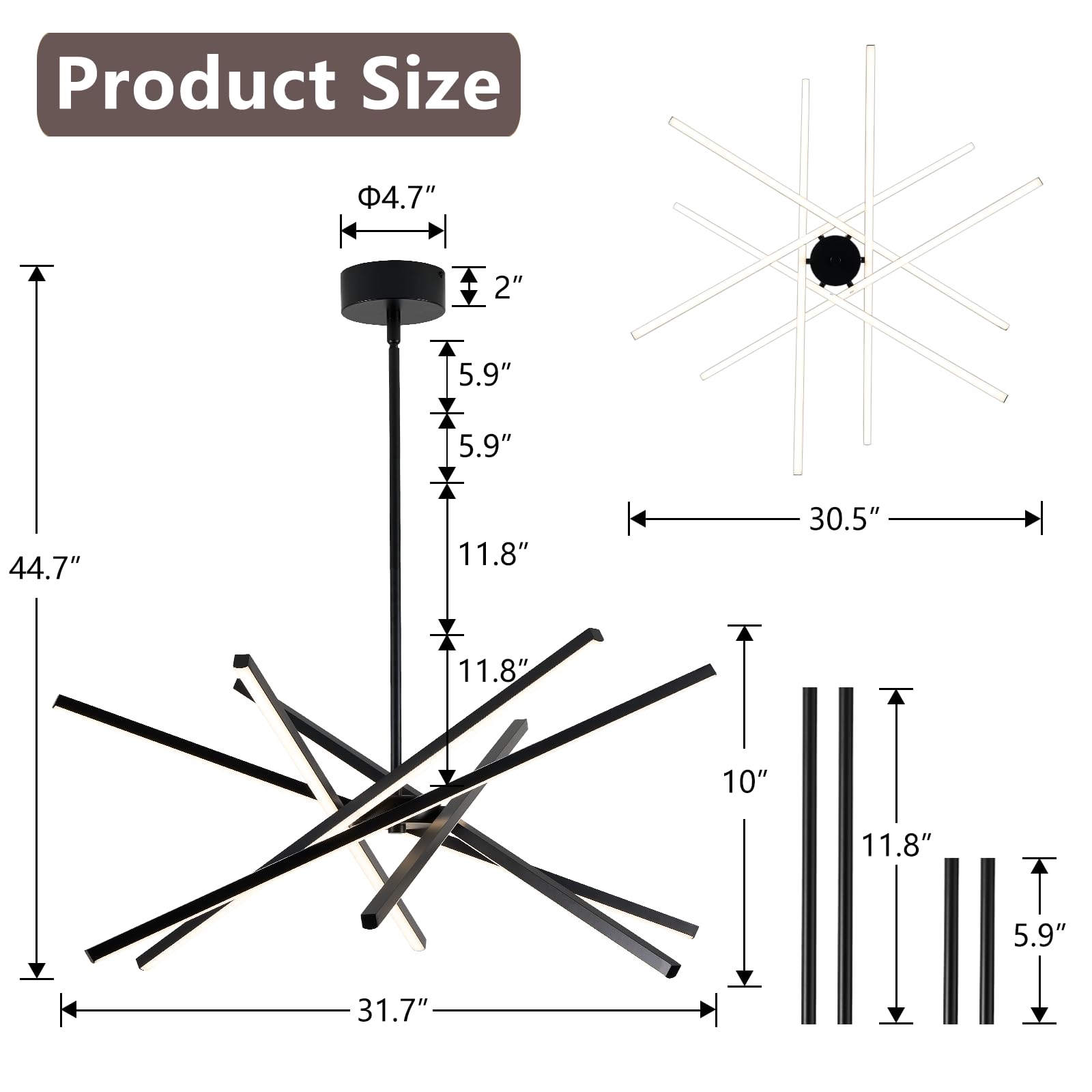 HOGBU Modern Black LED Chandelier - 6-Light Dimmable Sputnik Pendant for Dining Room, Kitchen, 3000K 4500K 6000K, Model G009P-