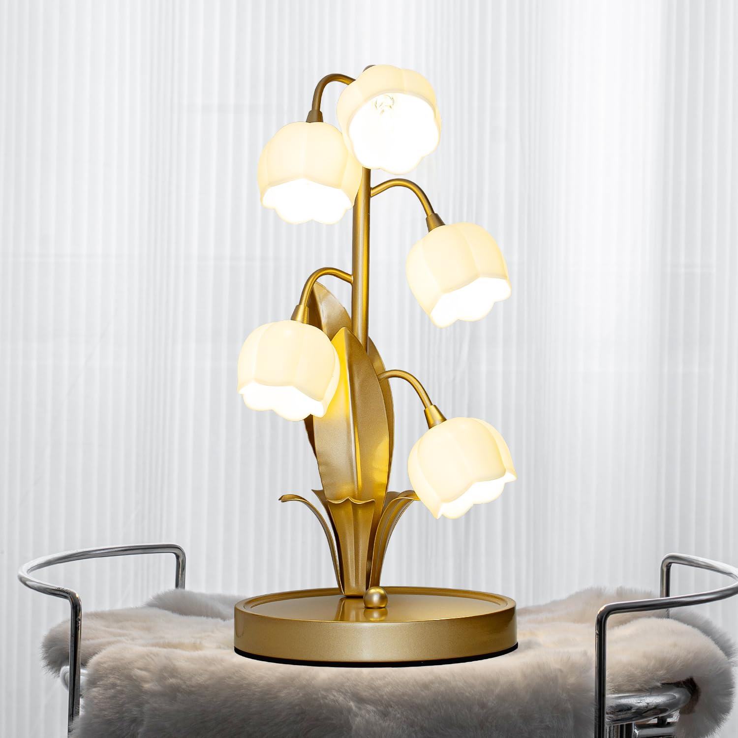 WERFOP Flower Table Lamp, Lily of The Valley, 3 Color Modes, Medium Size, Gold, Model WF-TL-1218-Gold, Vintage Decor for Bedroom