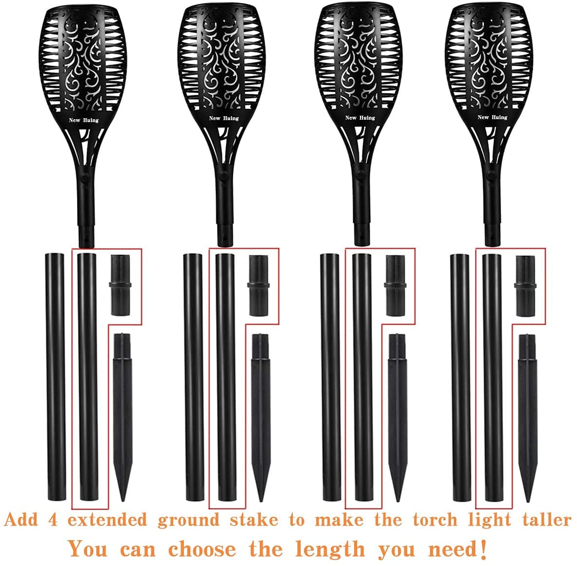 New Huing Solar Torch Lights, 4PCs, 43 inch, 96 LED, Waterproof, Yellow, Auto On/Off Dusk to Dawn for Garden Pathway Decoration