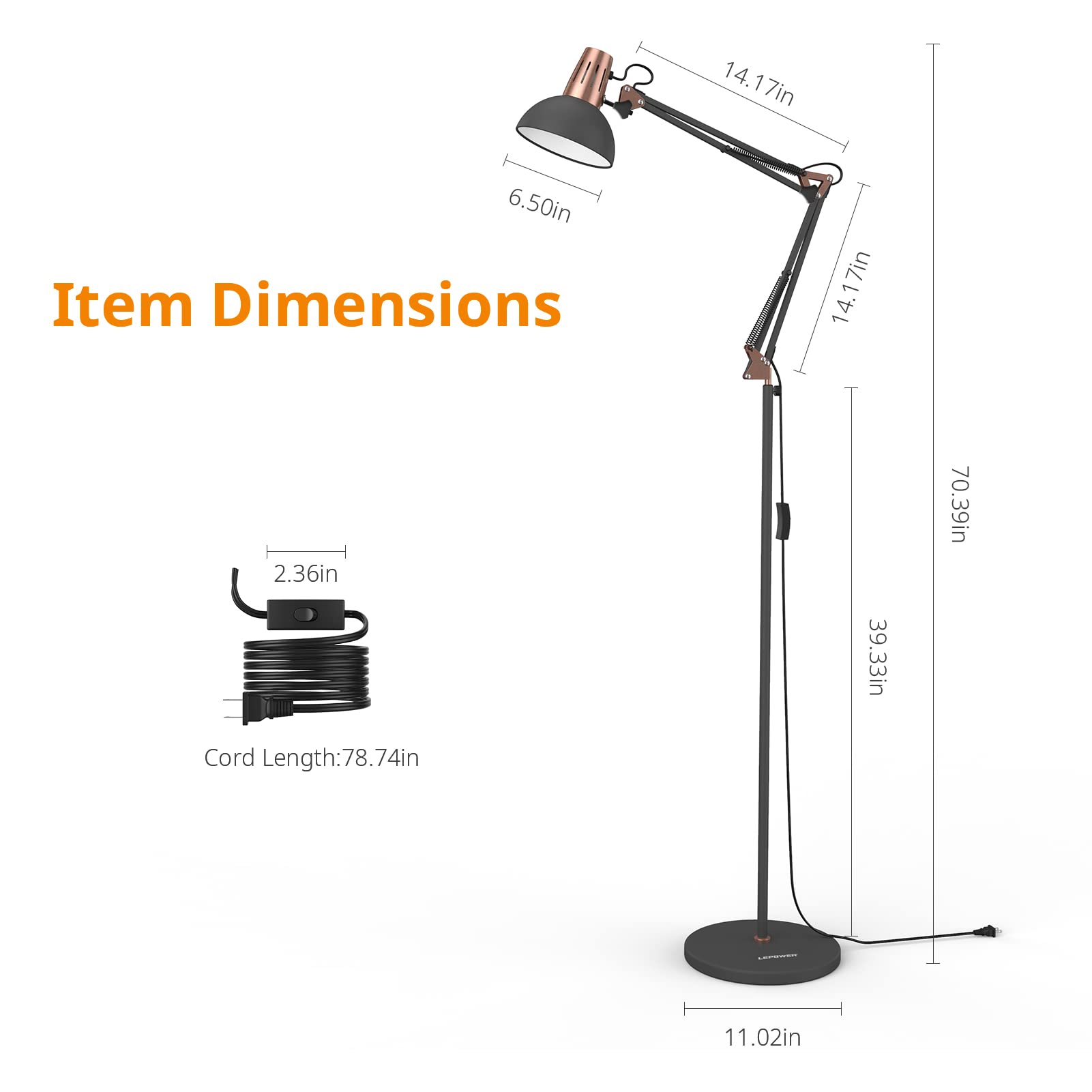 LEPOWER Adjustable Metal Floor Lamp - Eye-Caring Reading Lamp with On/Off Switch, Sand Black, Model UF2006