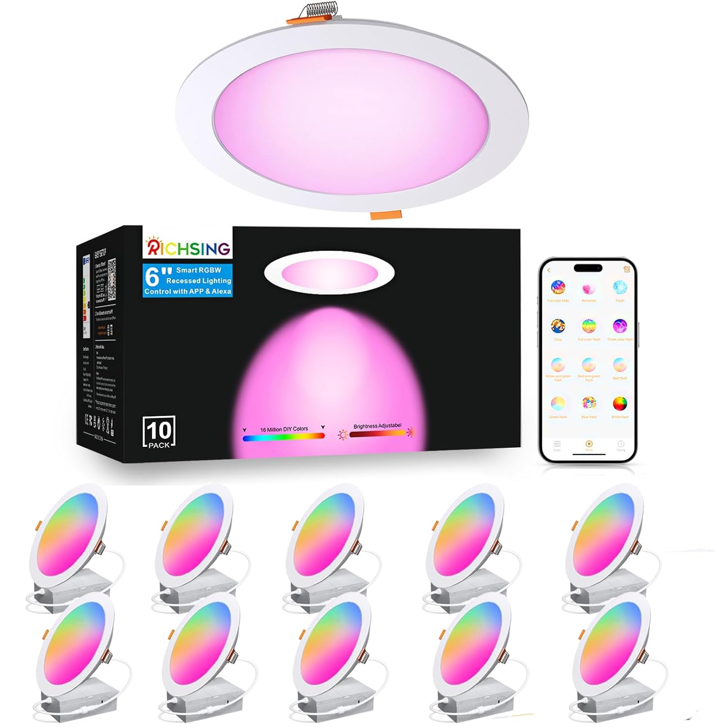 Richsing Smart Recessed Lighting 6 Inch Rgbcw Color Changing 16W Recessed Ceiling Light With Junction Box, App & Voice Control, 1350Lm Led Recessed Lights Dimmable By Bluetooth Control -10Pack