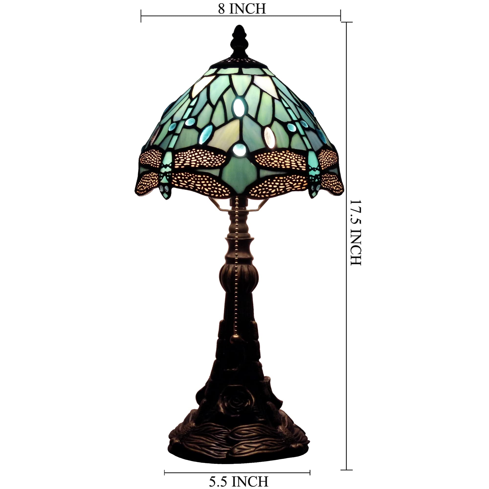 Small Tiffany Lamp Mini Stained Glass Desk Lamp Vintage Table Lamp Tiffany Style Night Light 8X17.5 Inch (Sea Blue Dragonfly Sty