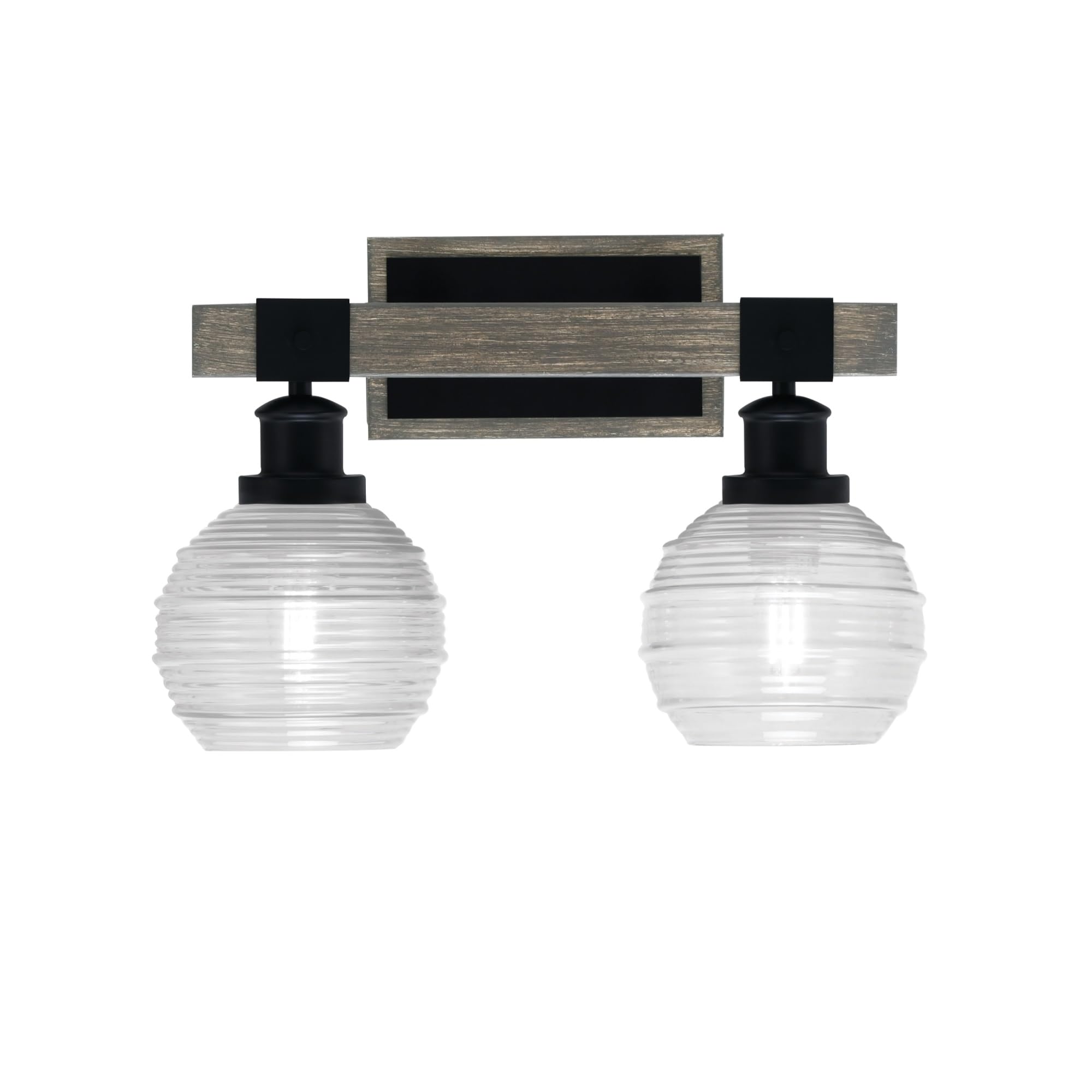 Toltec Lighting Tacoma 2 Light Bath Bar, Matte Black & Distressed Wood-Look, 6in Clear Ribbed Glass