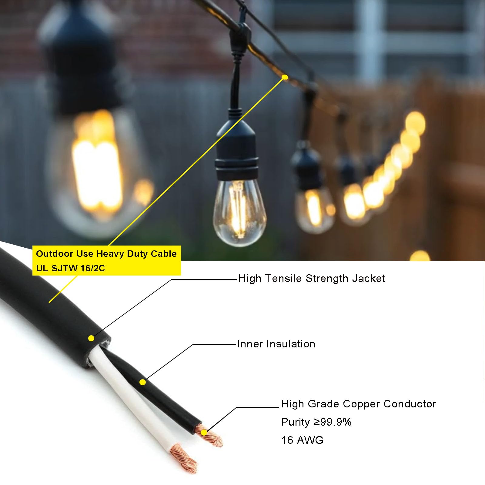 NIOSTA Outdoor Hanging String Lights, 48Ft, 16 LED S14 Vintage Bulbs, Dimmable, Waterproof, 2700K Shatterproof Plastic Bulbs