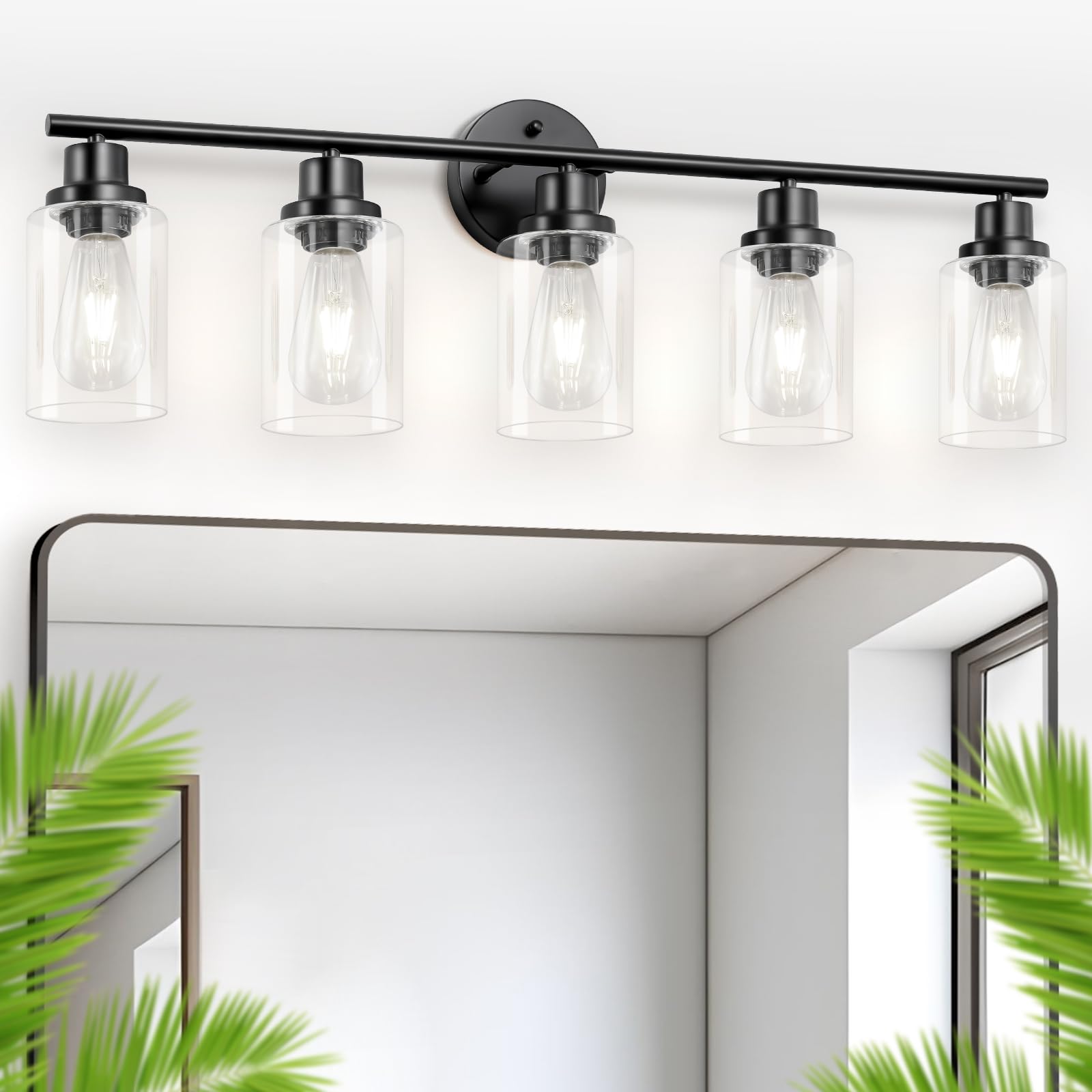 Guliaofo Black Vanity Light, 5-Light Bathroom Lighting, Metal Wall Fixture with Clear Glass Shade, Model Gu-111-QGH-5
