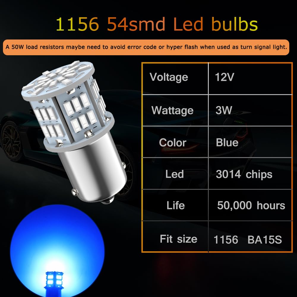 Melphan-Auto 1156 LED Bulbs 54-SMD for Vehicle Lights, 12V-24V, Blue, 4pcs