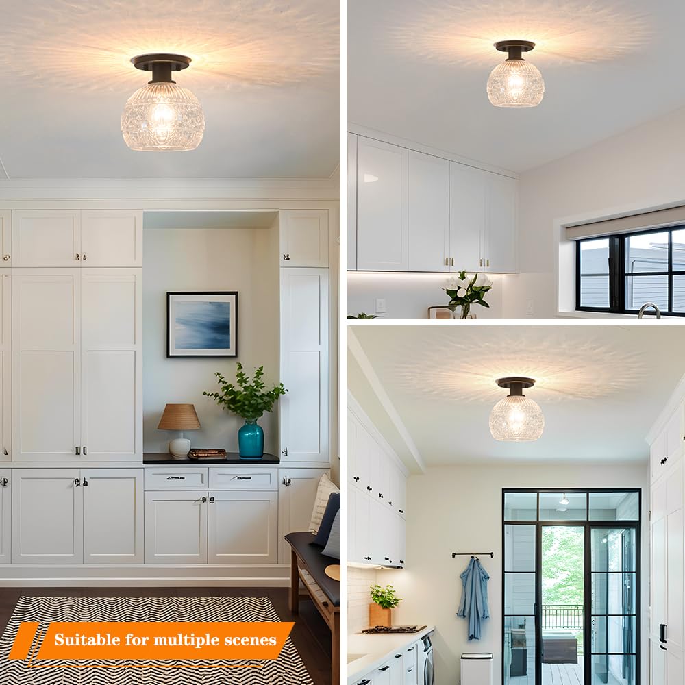 Semi Flush Mount Ceiling Light Fixture, Vintage Flush Mount Ceiling Light With Glass, Goble Hallway Light Fixtures, Black Bathro