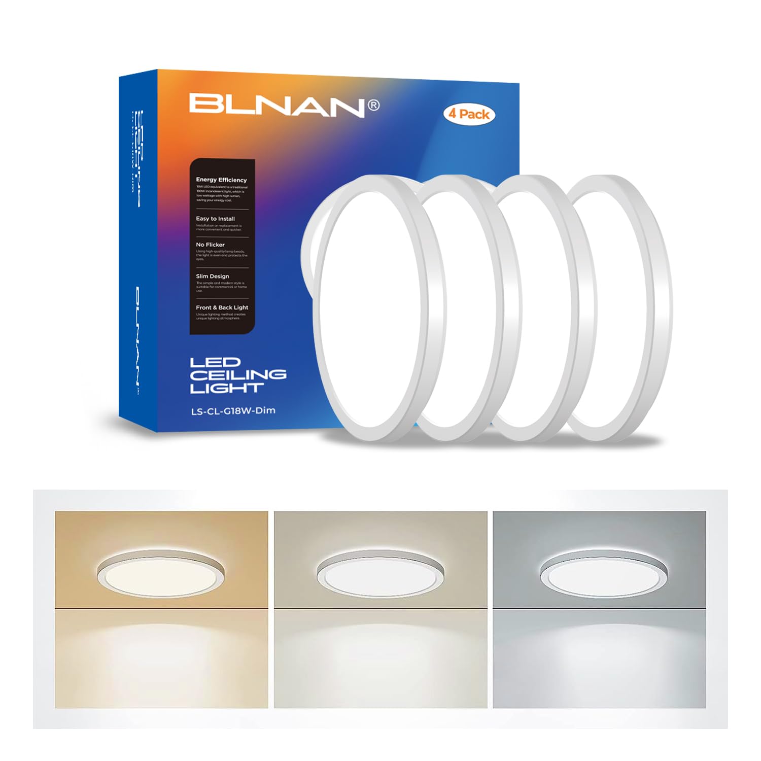 BLNAN LED Flush Mount Ceiling Light, 8.66 Inch 18W 3000K/4000K/5000K Hardwire Light Fixture, Ultra Thin Round White Lamp for Kit