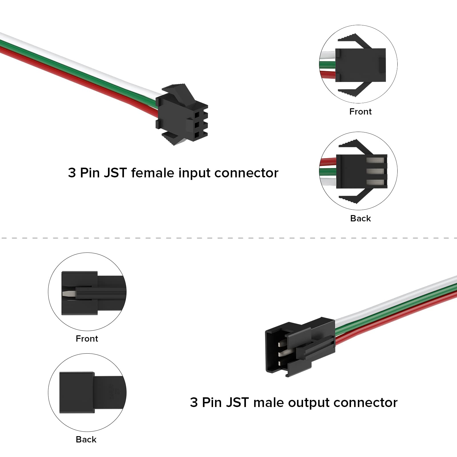 BTF-LIGHTING 20AWG JST SM Male Female Plug Connector 6.56FT Extension Cable for WS2812B WS2811 LED Strip Lights, White