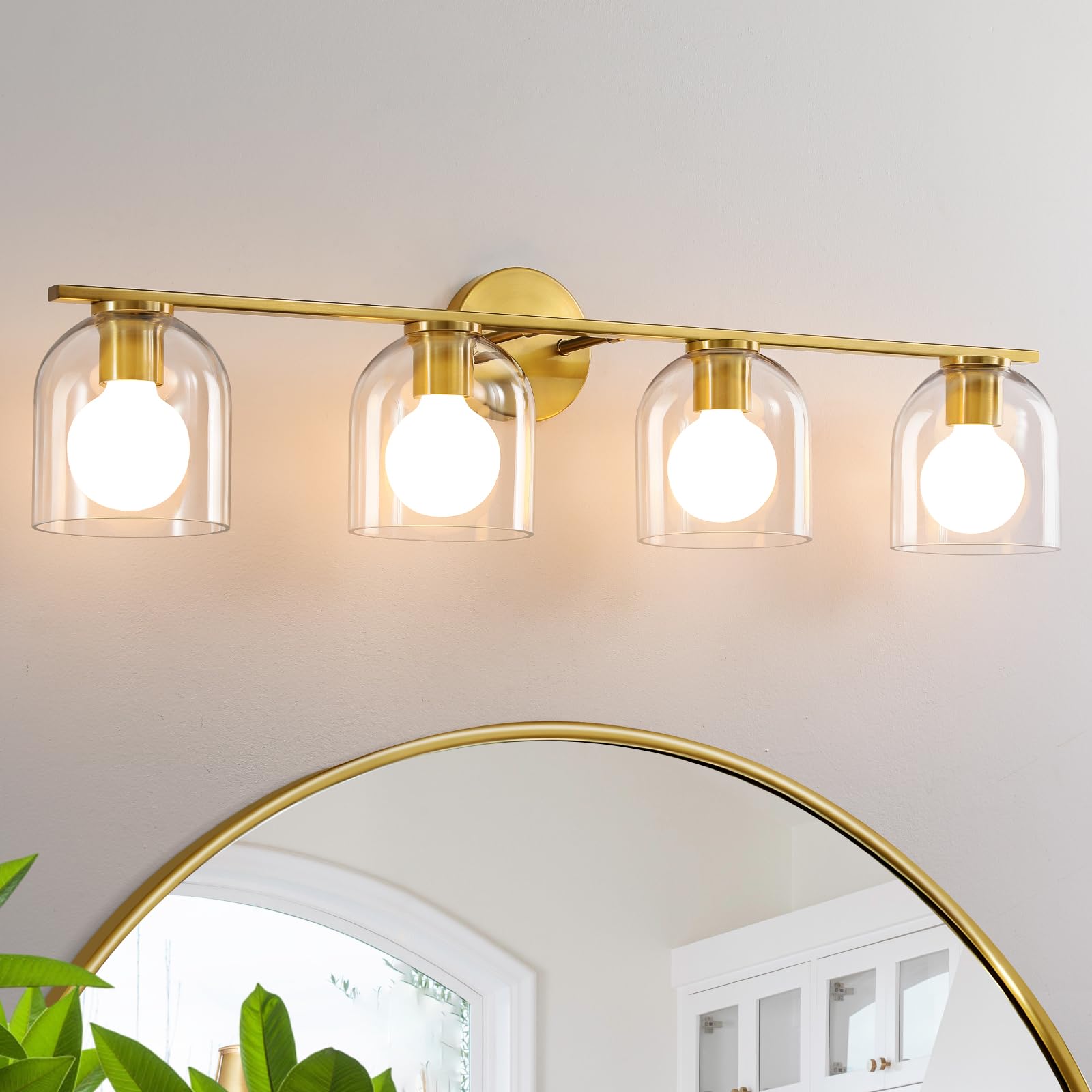 Woshitu Bathroom Vanity Light Fixtures: 32.3 Inch Modern Brushed Gold Bathroom Light Fixtures Over Mirror With Clear Glass Shade