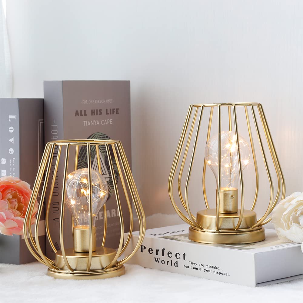 Trirocks 2 Set Ofmetal Battery Operated Lamp 7'' Tall Mini Cage Shape Cordless Table Lamp Battery Lanterns With Warm Fairy Light