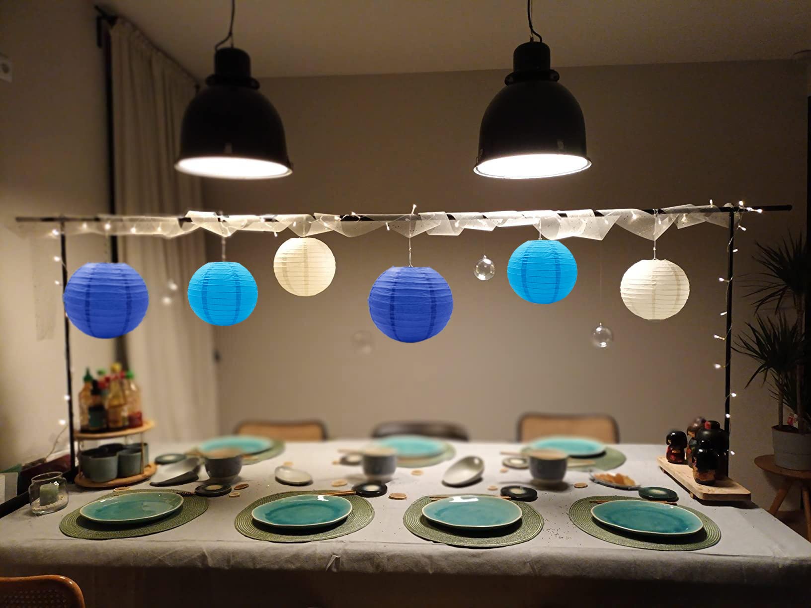 Hossom Round Paper Lanterns, 16pcs Decorative Hanging Lanterns, Blue/White, Metal & Paper, Wedding & Party Decor