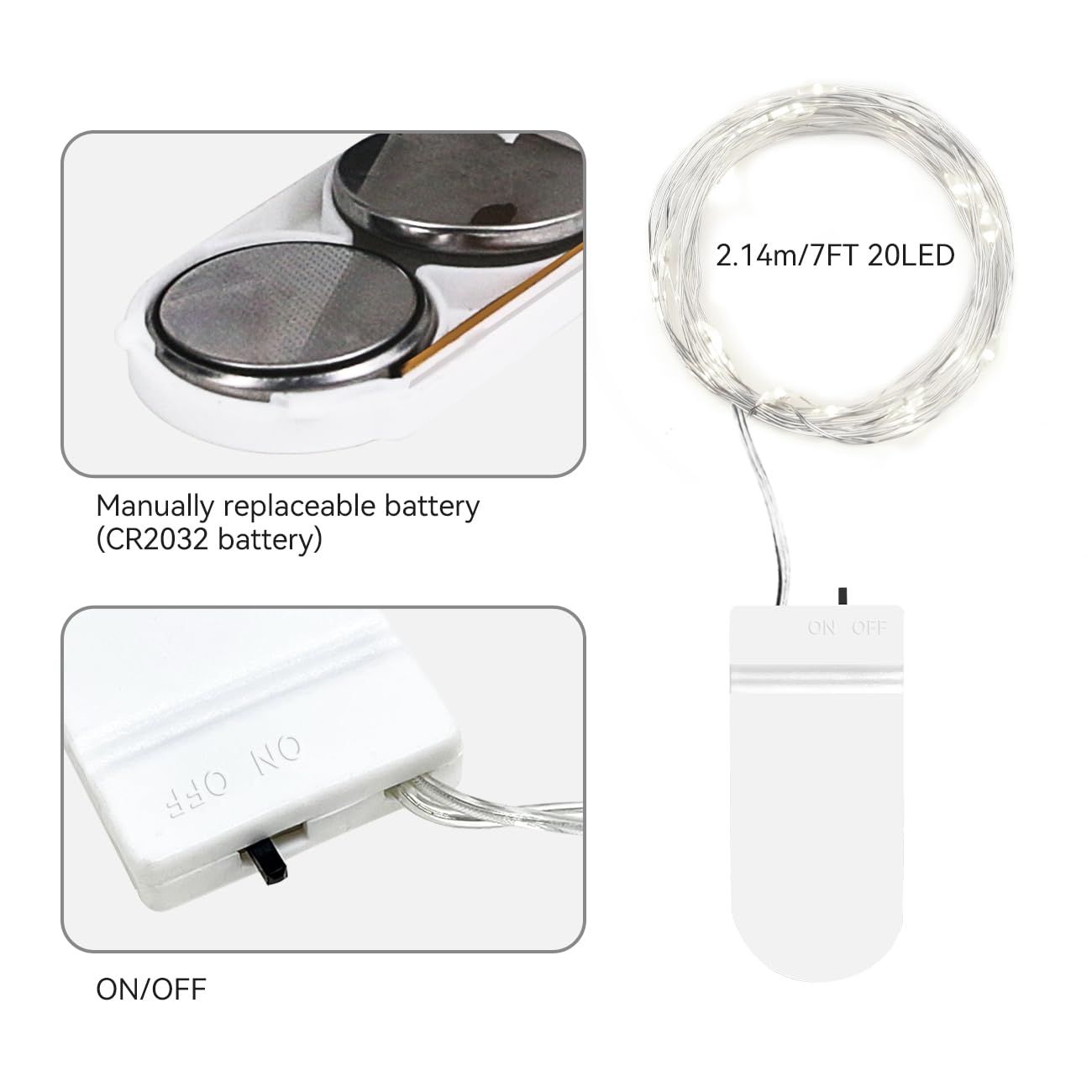 litogo 24 Pack Battery Operated Fairy Lights, 7ft 20 LED Waterproof Silver Wire, Cool White, Model BL17C