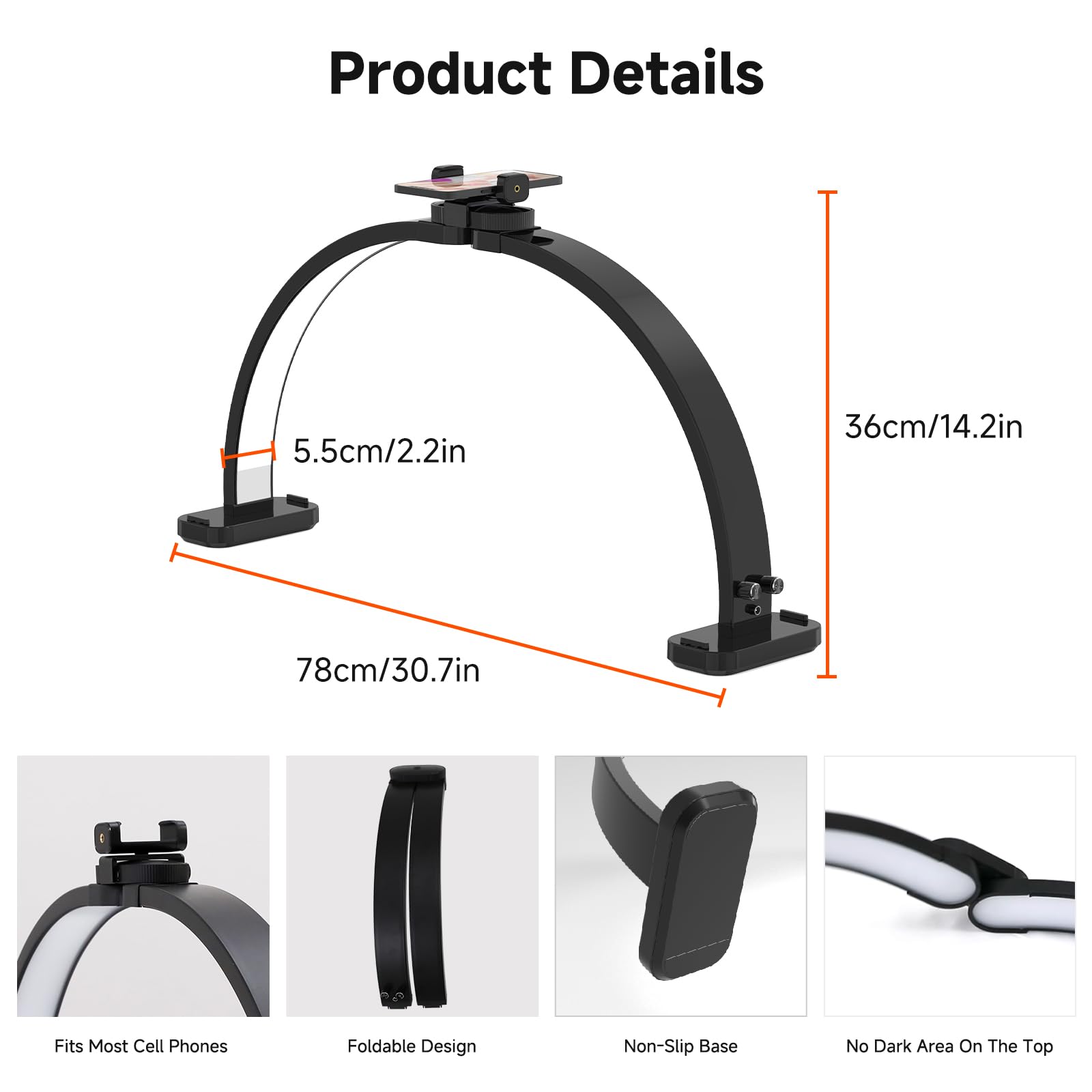 Welinspift 45W Half Moon LED Arch Lamp with Phone Holder, 3000K-6500K Dimming, White, Model ML-800A
