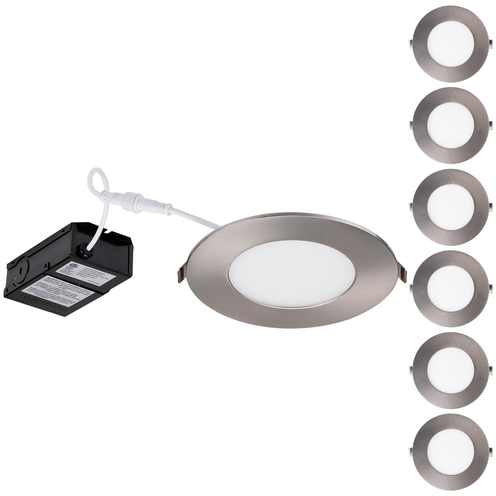 Torchstar E-Lite Series 4 Inch Slim Recessed Lighting With J-Box, 10.5W Ultra-Thin Led Recessed Light, Dimmable Canless Downlight, Etl&Es Listed, Cri90, 2700K Soft White, Satin Nickel, Pack Of 6