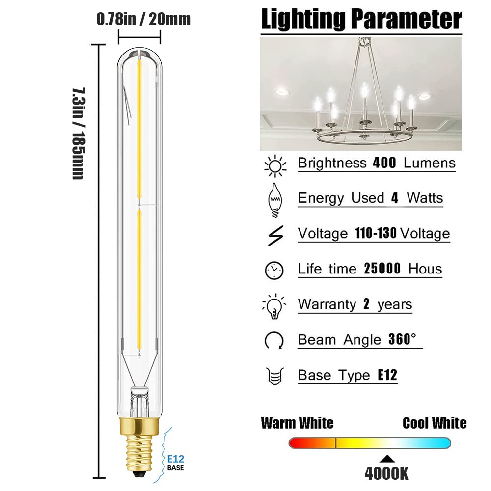 Leools E12 LED Tubular Light Bulbs, 7.3 Inch, 4W Dimmable, 4000K Daylight, Clear Glass, 6-Pack