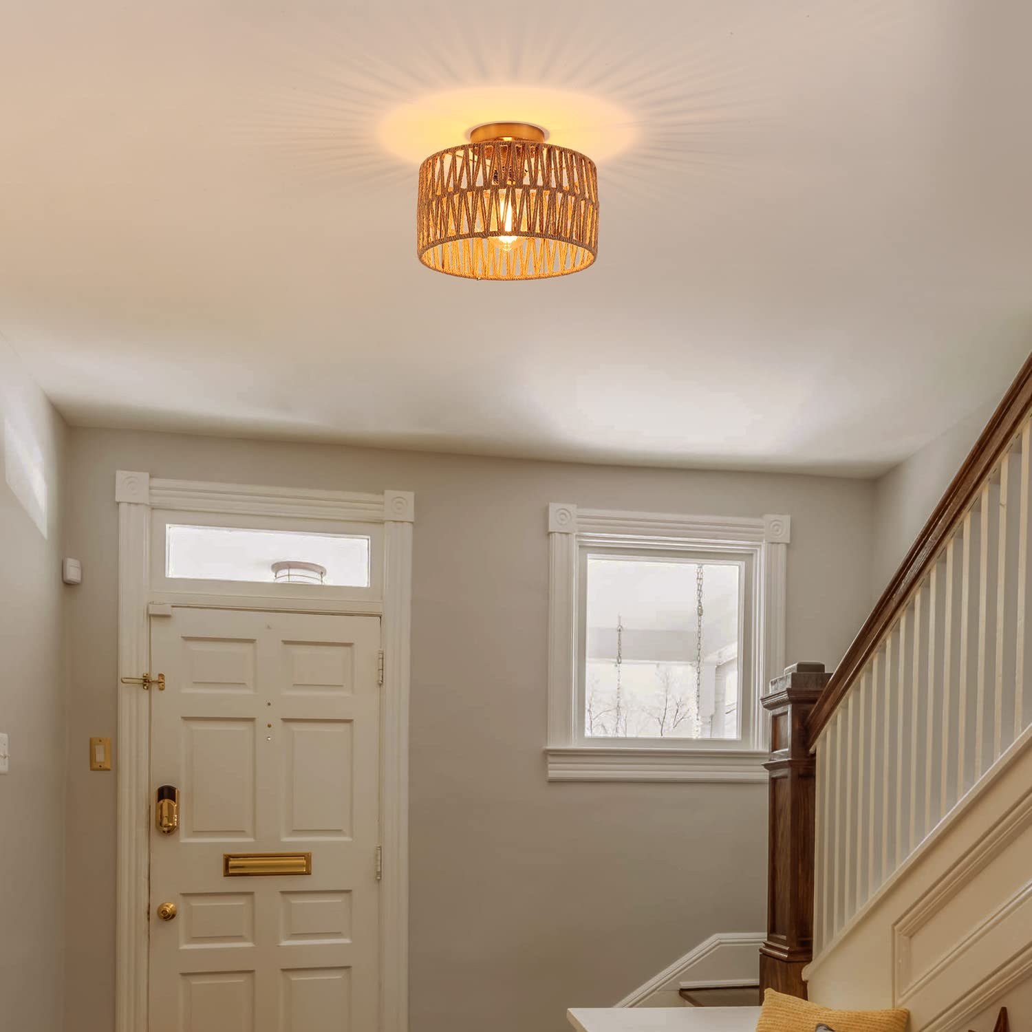 Hchunqjor Coastal Antique Gold Woven Flush Mount Light Fixture Rustic Boho Hemp Rope Brass Semi Flush Mount Ceiling Light For Ha