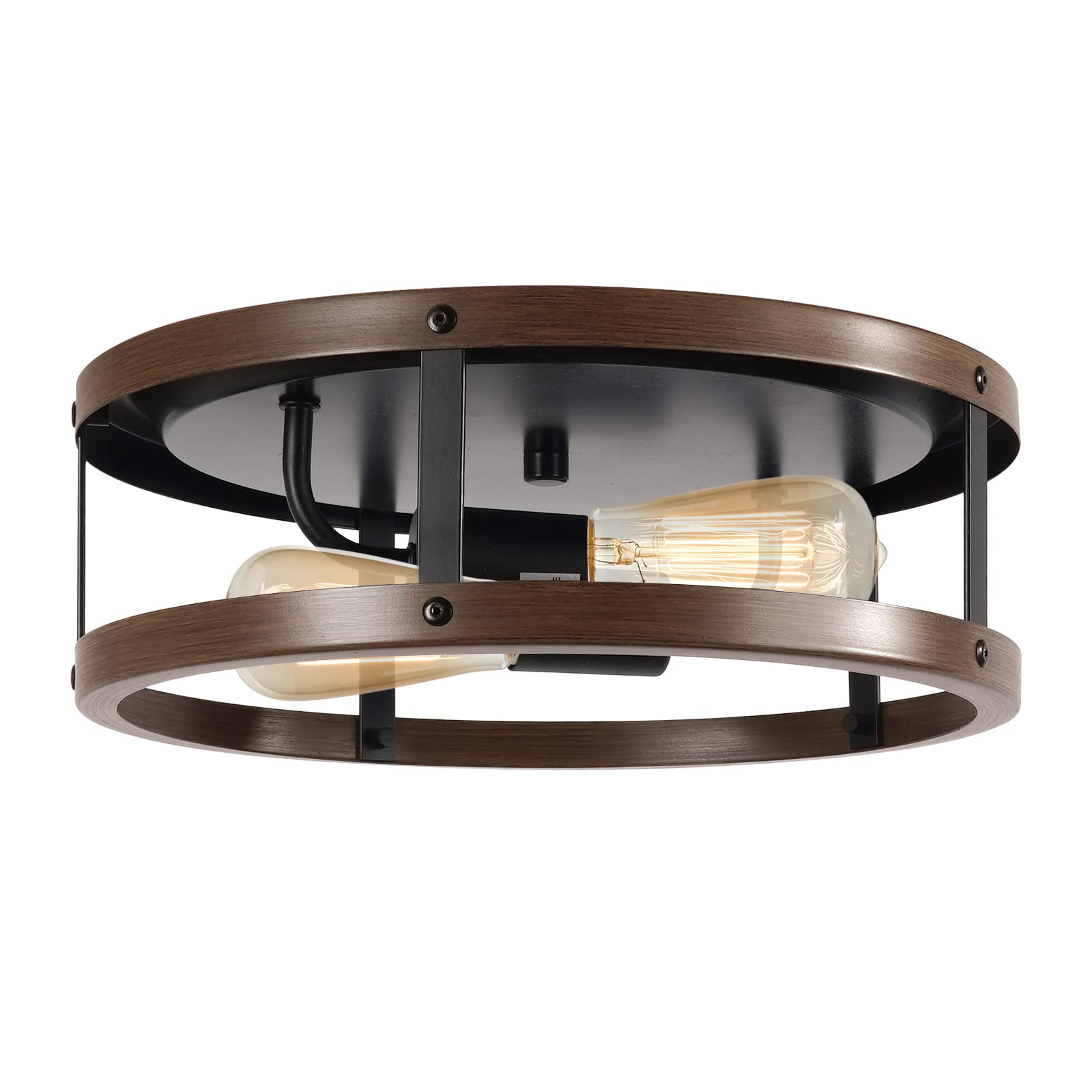 Eapudun Farmhouse 2-Light Flush Mount Ceiling Light, Matte Black & Wood, Retro Design