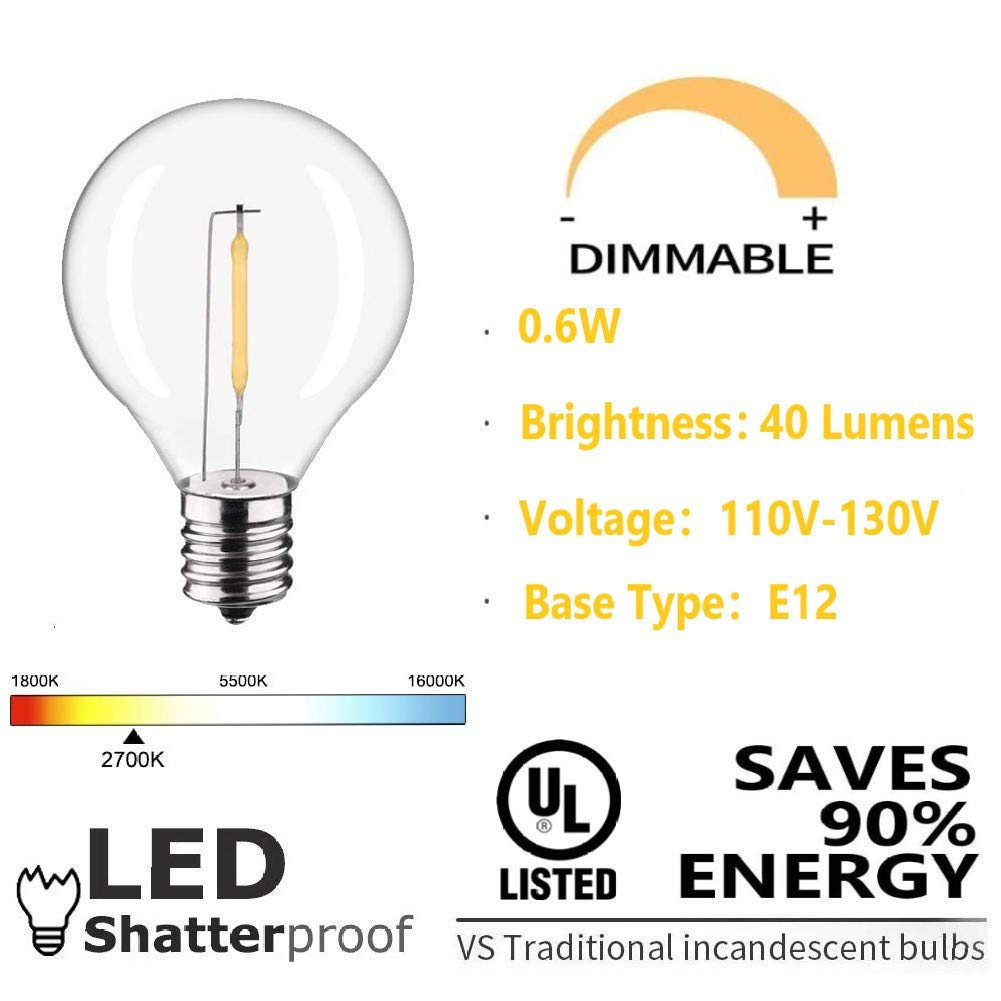SUNSGNE G40 LED Replacement Light Bulbs, Shatterproof, Dimmable, 25 Count, Warm White, E12 Screw Base