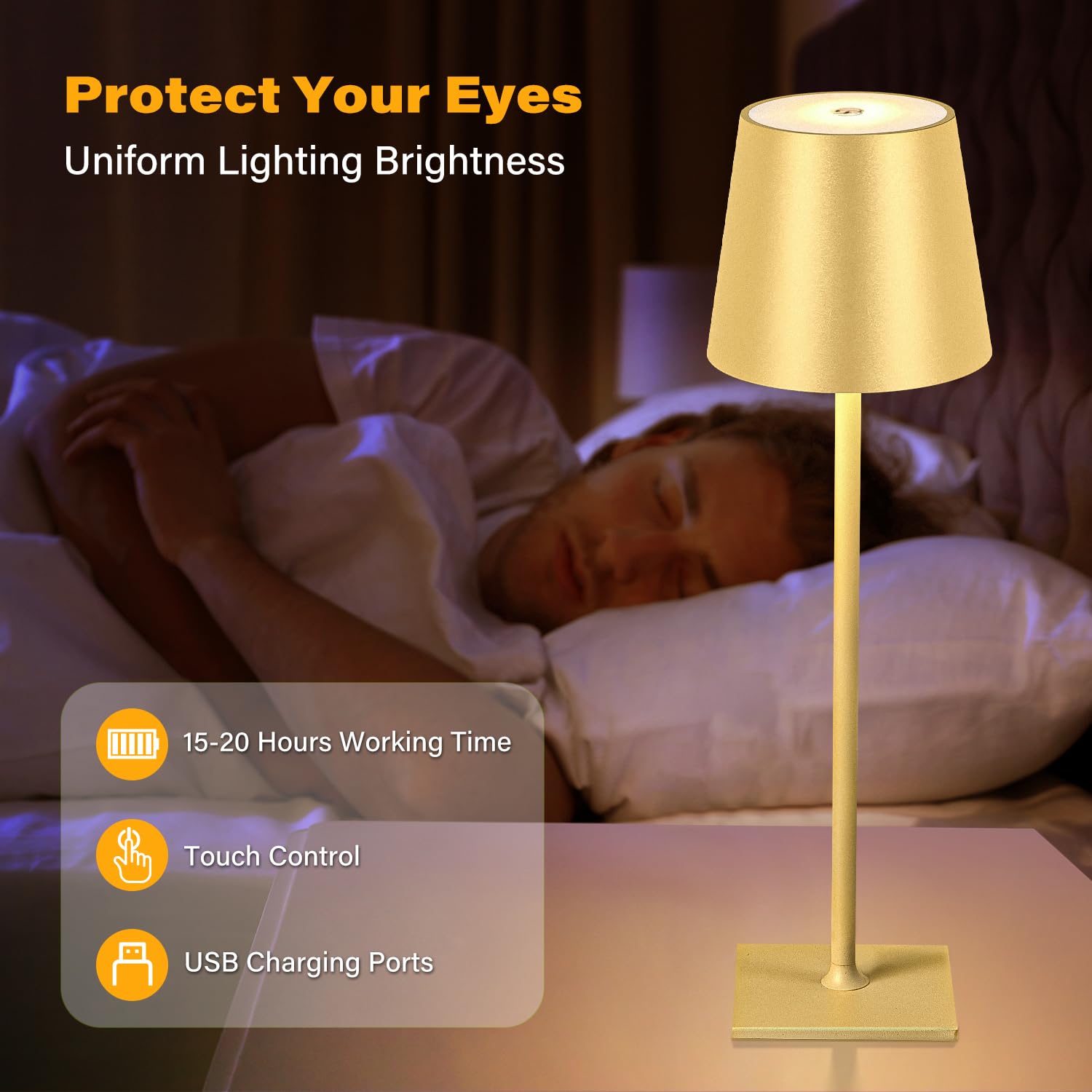 CHLORANTHUS Cordless Table Lamps, 2 Pack, 5000mAh Rechargeable, Gold, Stepless Dimming for Bedroom, Dining Room, Cafe