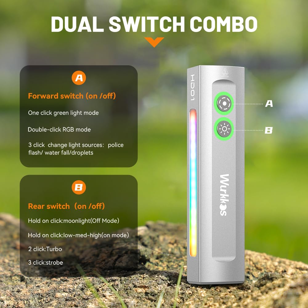 Wurkkos HD01 Flashlight, 1200 Lumens, RGB & Green Light, Rechargeable, Silver AL6061-T6 Aluminum, Pocket & Magnetic Design