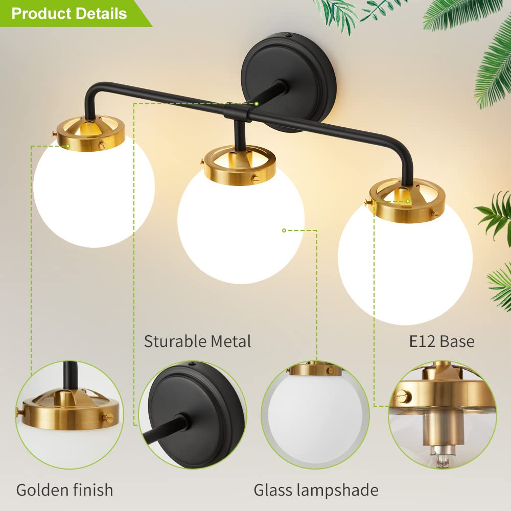 Deyidn Black Gold Bathroom Light Fixtures Above Mirror, Modern Vanity Lighting With White Glass Globe Shade 3-Light Farmhouse Wa