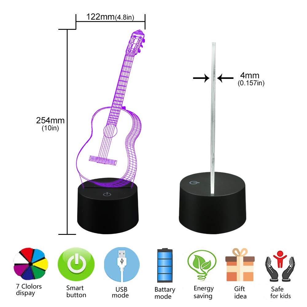 AZIMOM 3D Guitar Illusion Lamp Night Light, 16 Colors, Smart Touch Remote, Acrylic, Multicolor, Model 1, Home Decoration for Kids and mature-themeds