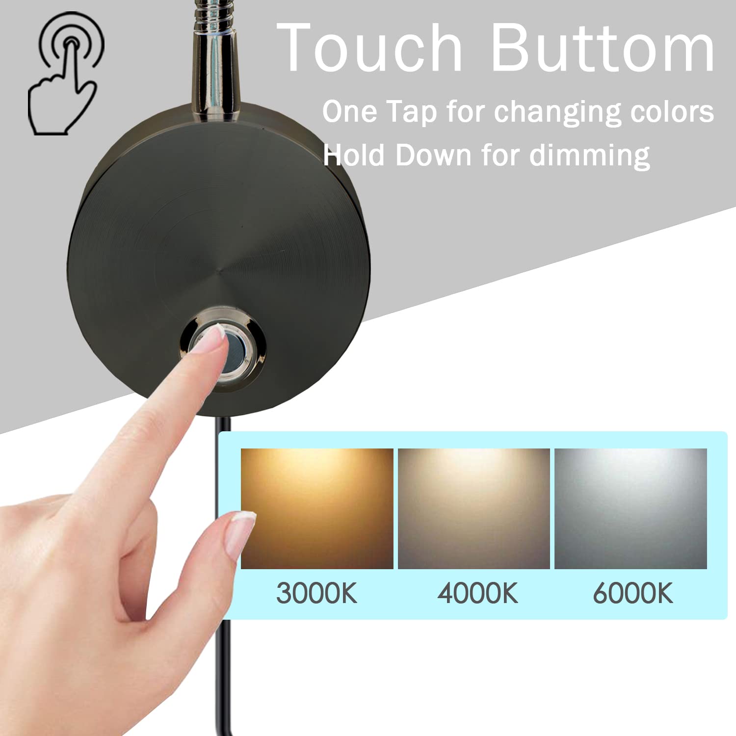 Adust LED Touch Dimmable Reading Lamp, Wall Mount, Adjustable Color Temperature, 3000K-6000K, Black, Model RL-2