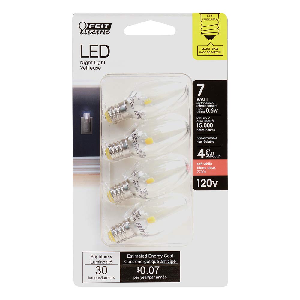 Feit Electric Candelabra Base LED Night Light Bulb, 0.6W, 30 Lumen, 4 Count, 2700K Soft White, Model BP7C7/