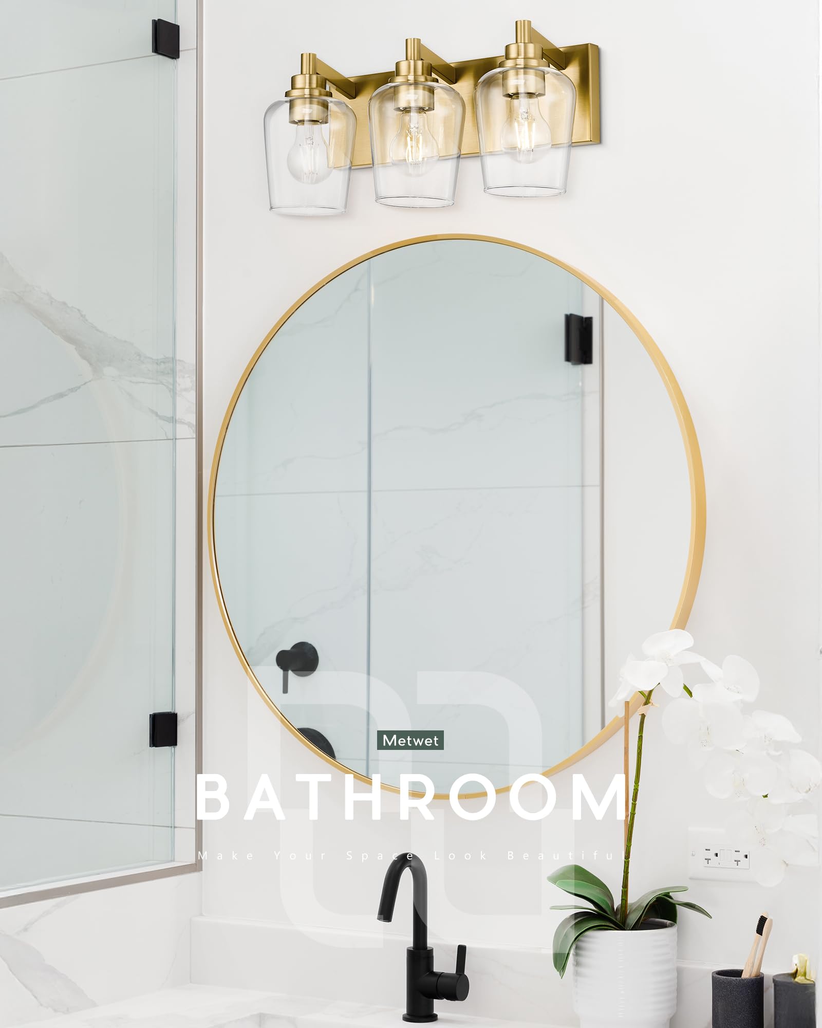 Metwet Bathroom Light Fixtures  3-Light Modern Vanity Light With Clear Glass Wine Glass-Shaped Shade  Vanity Lighting Fixtures Over Mirror  Brushed Gold  Vl155-Bg-3