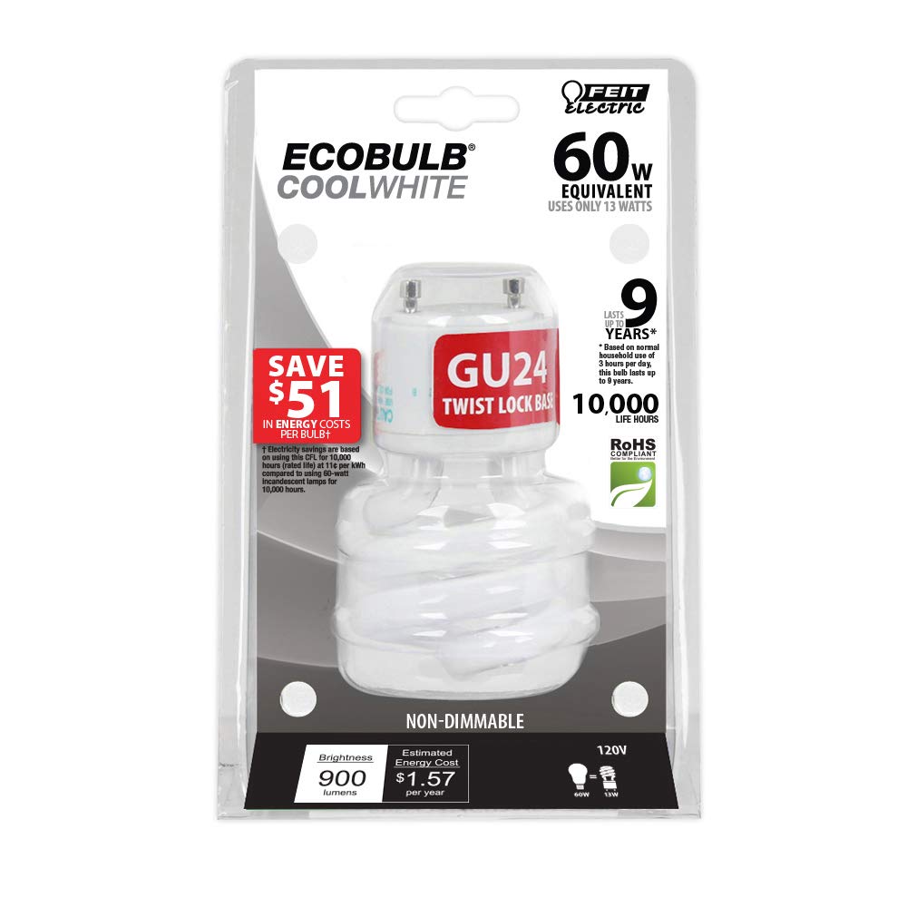 Feit Electric 60W Equivalent Cfl Twist Light Bulb On Gu24 Base, Non-Dimmable, 900 Lumens, 10K Life Hours, 4100K Cool White, 6 Pa