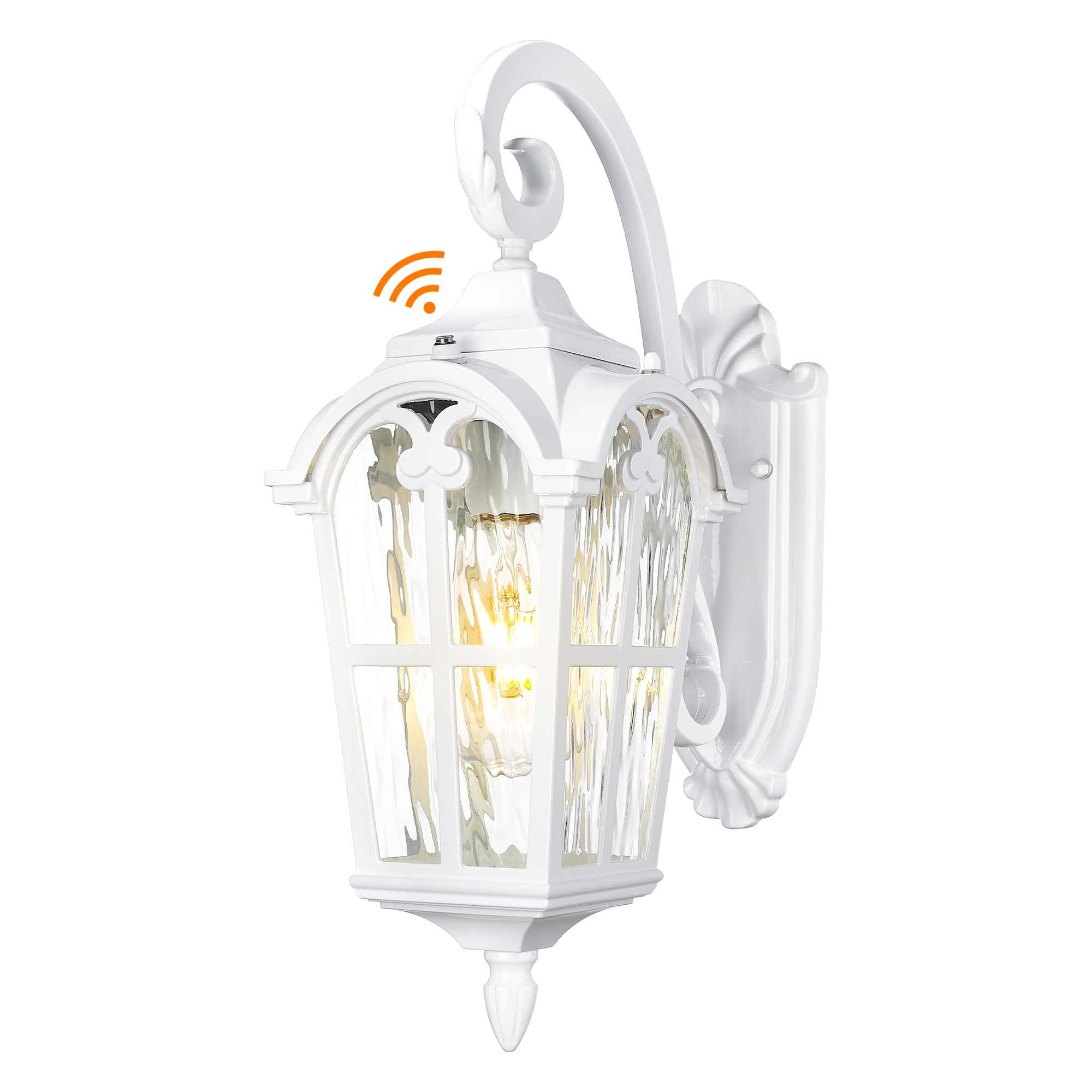 Emliviar 1-Light Dusk to Dawn Wall Lantern, Outdoor Porch Wall Lighting with Water Ripple Glass & E26 Socket, White Finish, WE21