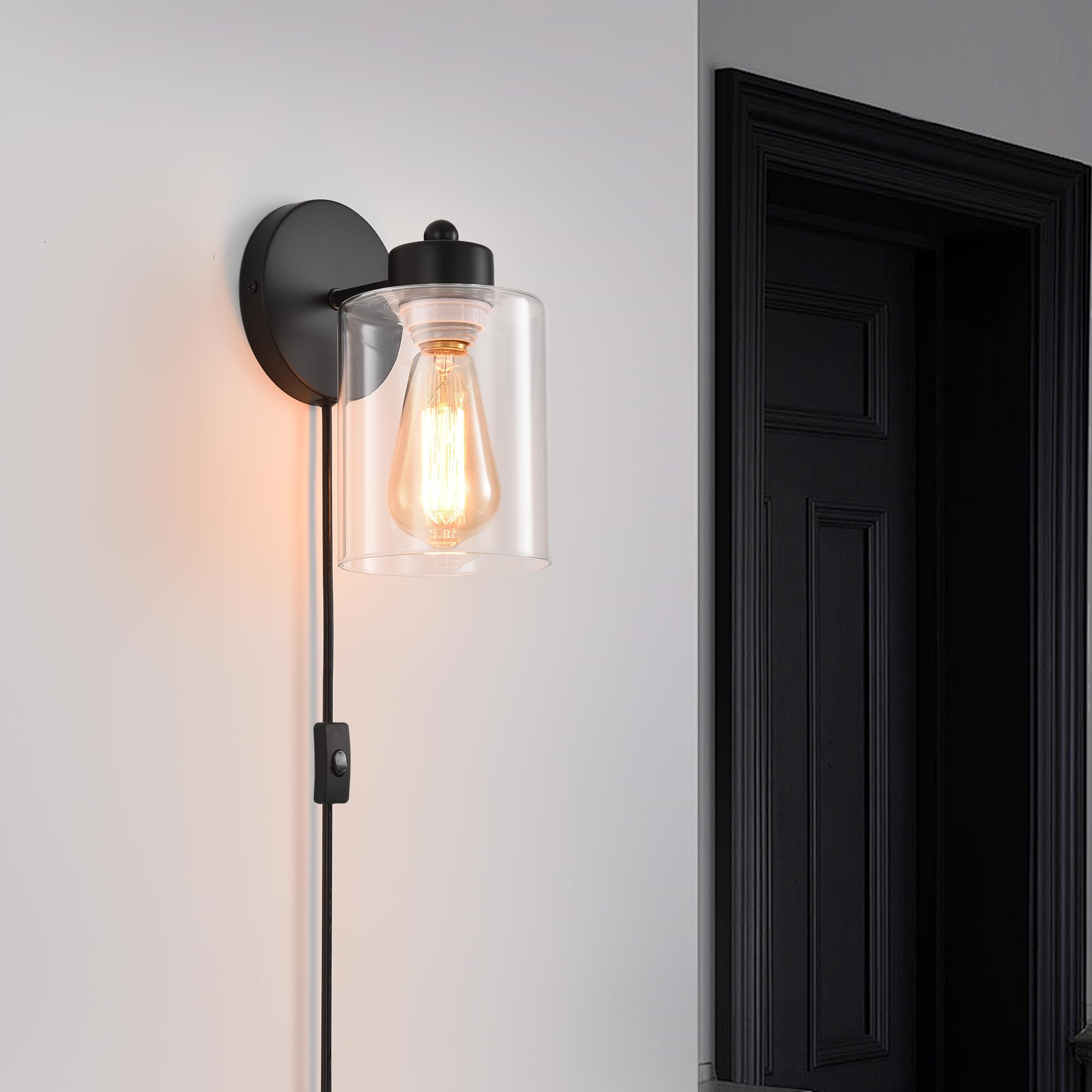 KENMI Metal Wall Sconce Lighting, Clear Glass Shade, Matte Black, Modern Design, 1 Pack, Model W12W