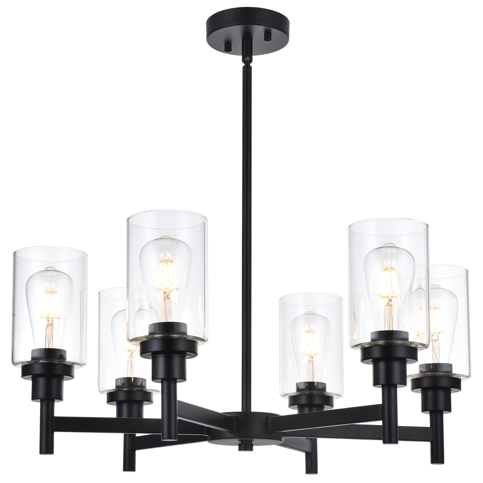VINLUZ 6 Light Industrial Chandelier Black Pendant Lighting Hanging Fixture with Cylinder Clear Glass for Kitchen Bedroom Dining