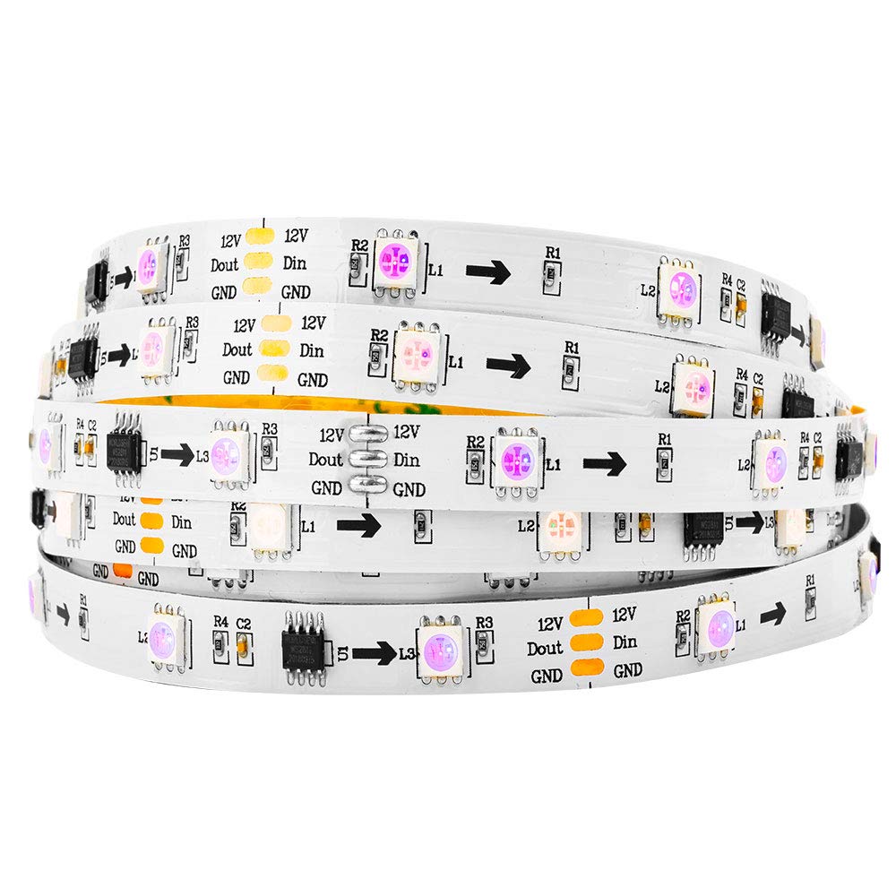 BTF-LIGHTING WS2811 RGB Addressable LED Strip 16.4FT 30LED/m White PCB Flexible DC12V Chasing Effect